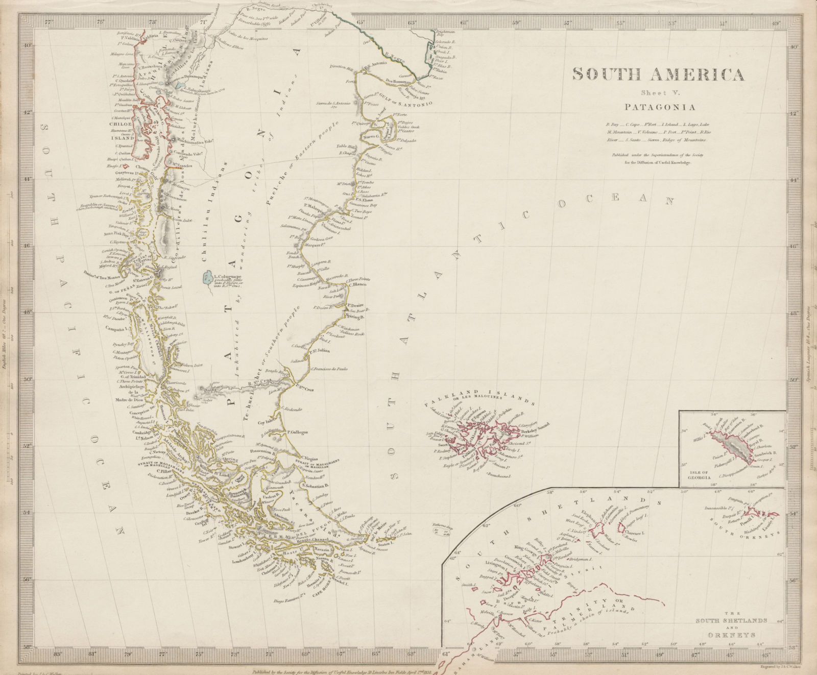 PATAGONIA. Argentina Chile Tierra del Fuego Falklands S Georgia SDUK 1844 map