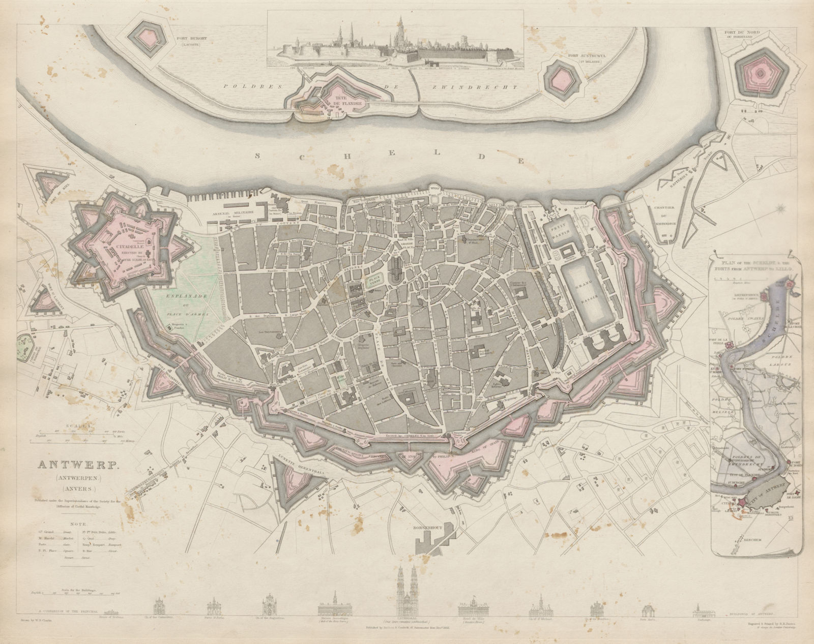 ANTWERP ANTWERPEN ANVERS town city map. Schelde forts Lillo. SDUK 1844 old