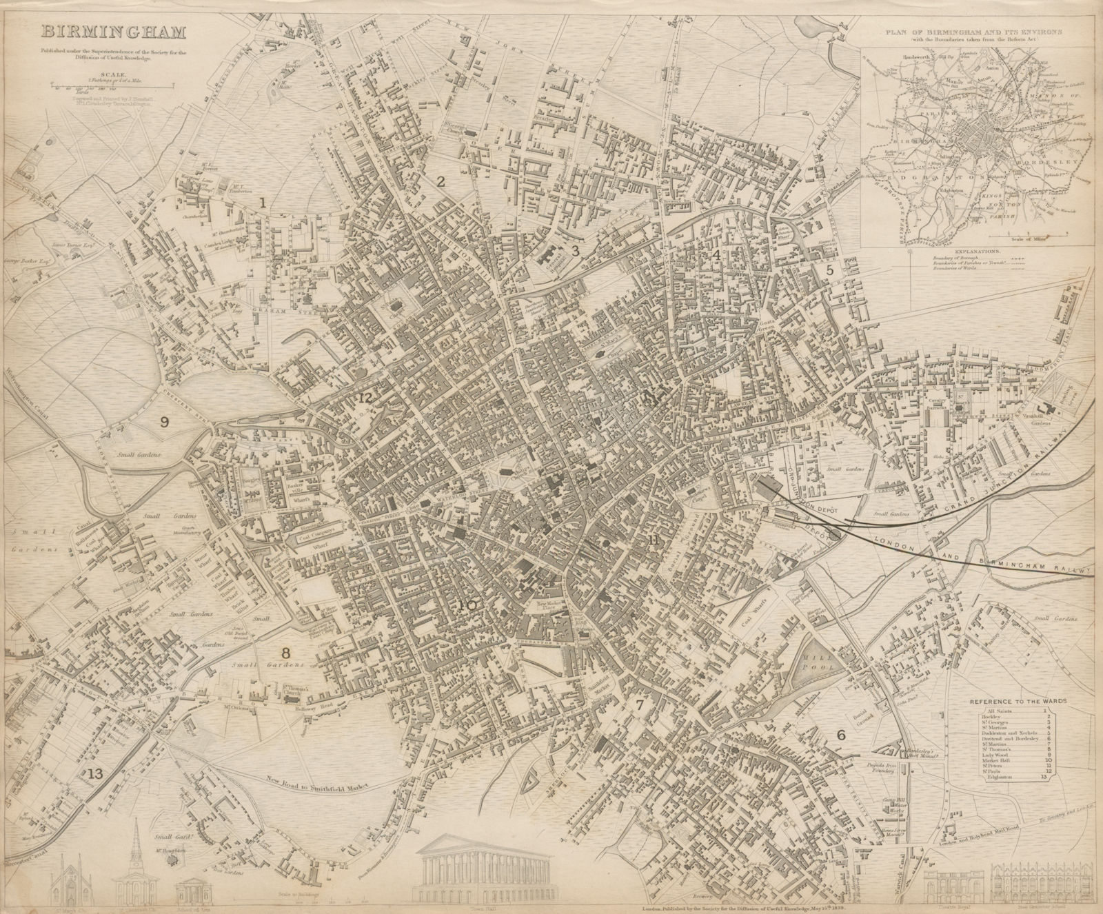 Associate Product BIRMINGHAM antique town city map plan. Inset environs of Birmingham. SDUK 1844