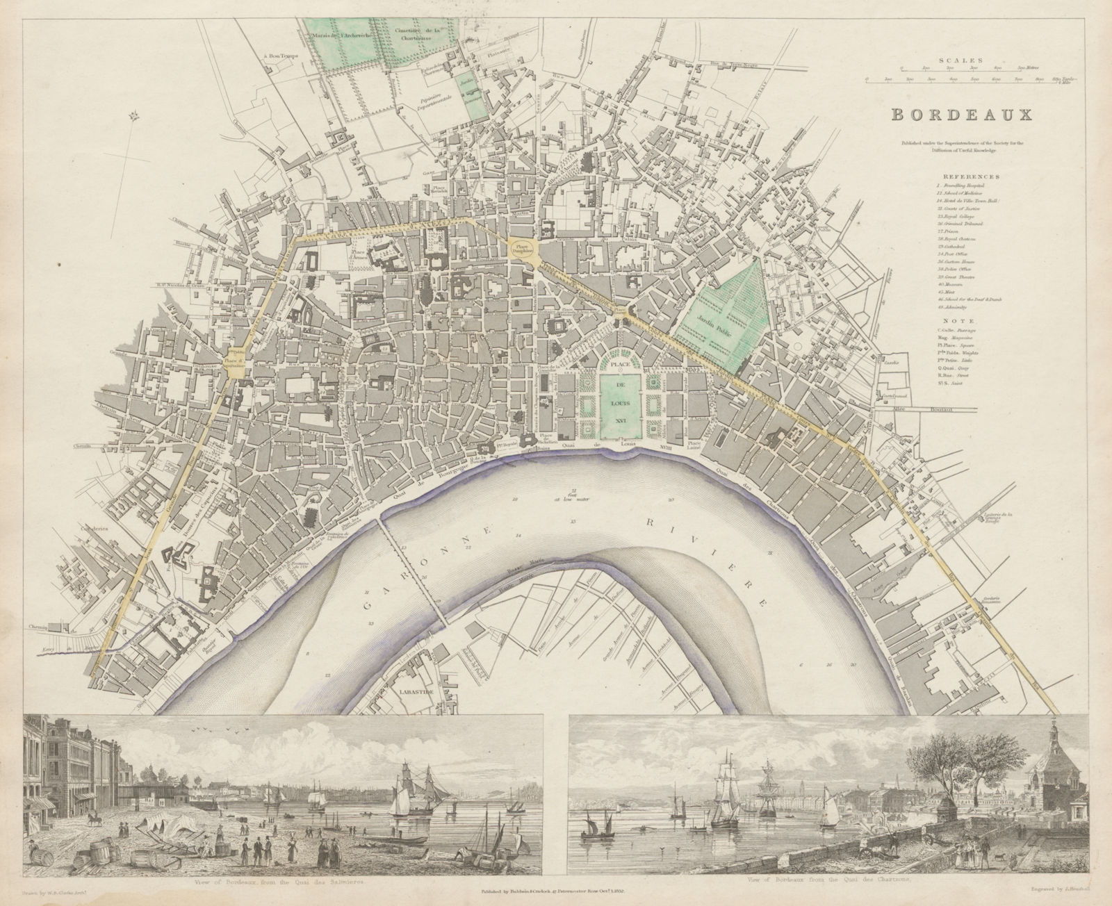 Associate Product BORDEAUX antique town city map plan. Inset Quai Salinieres Chartrons SDUK 1844