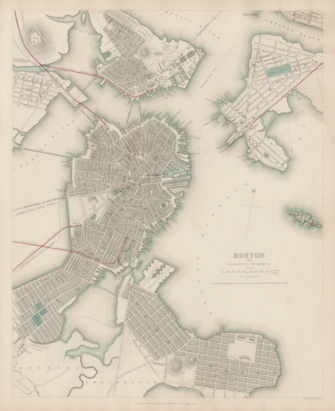 BOSTON WITH CHARLESTOWN AND ROXBURY antique town city map plan. SDUK 1844