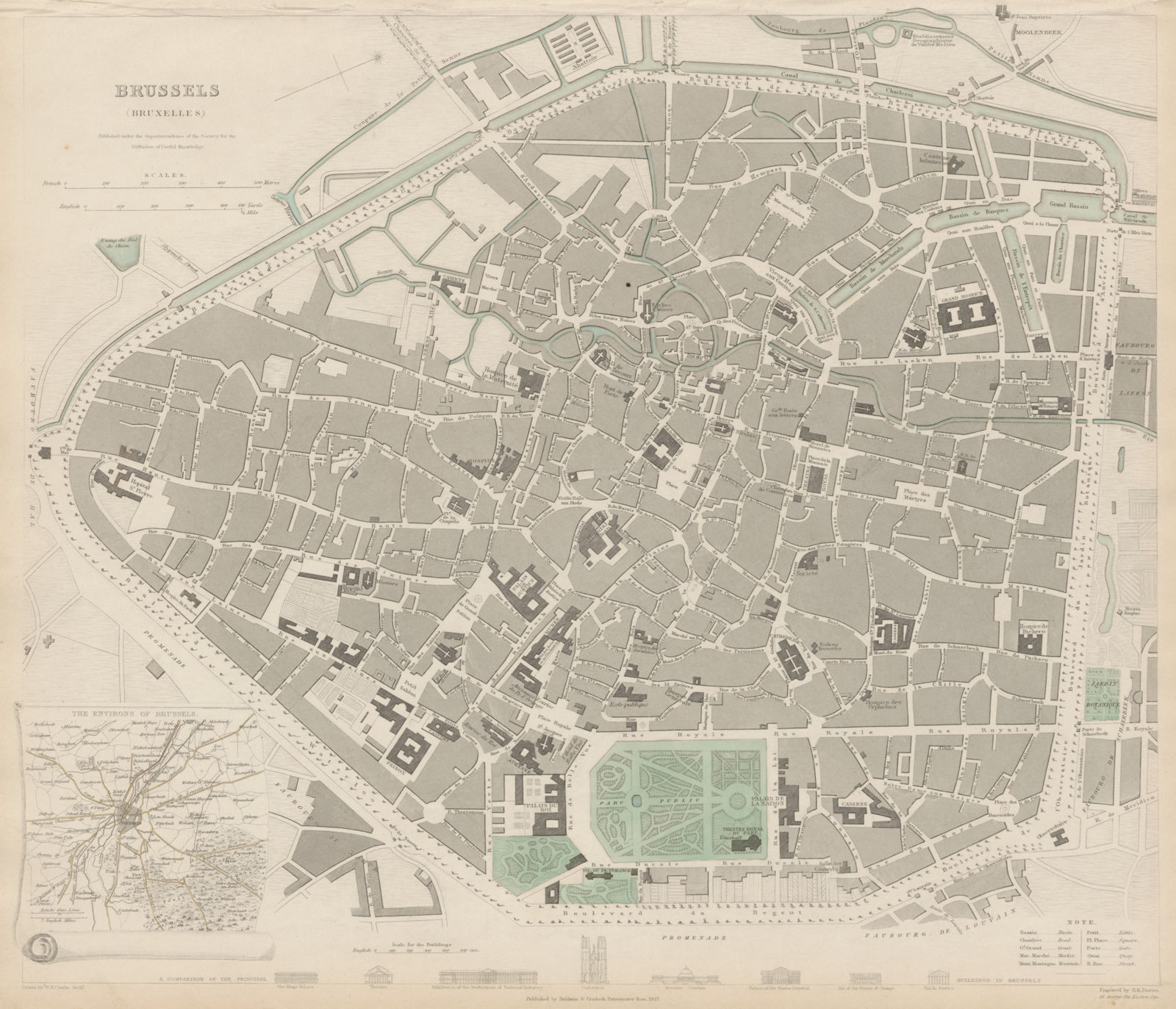 BRUSSELS BRUXELLES BRUSSEL antique town city map plan & environs SDUK 1844