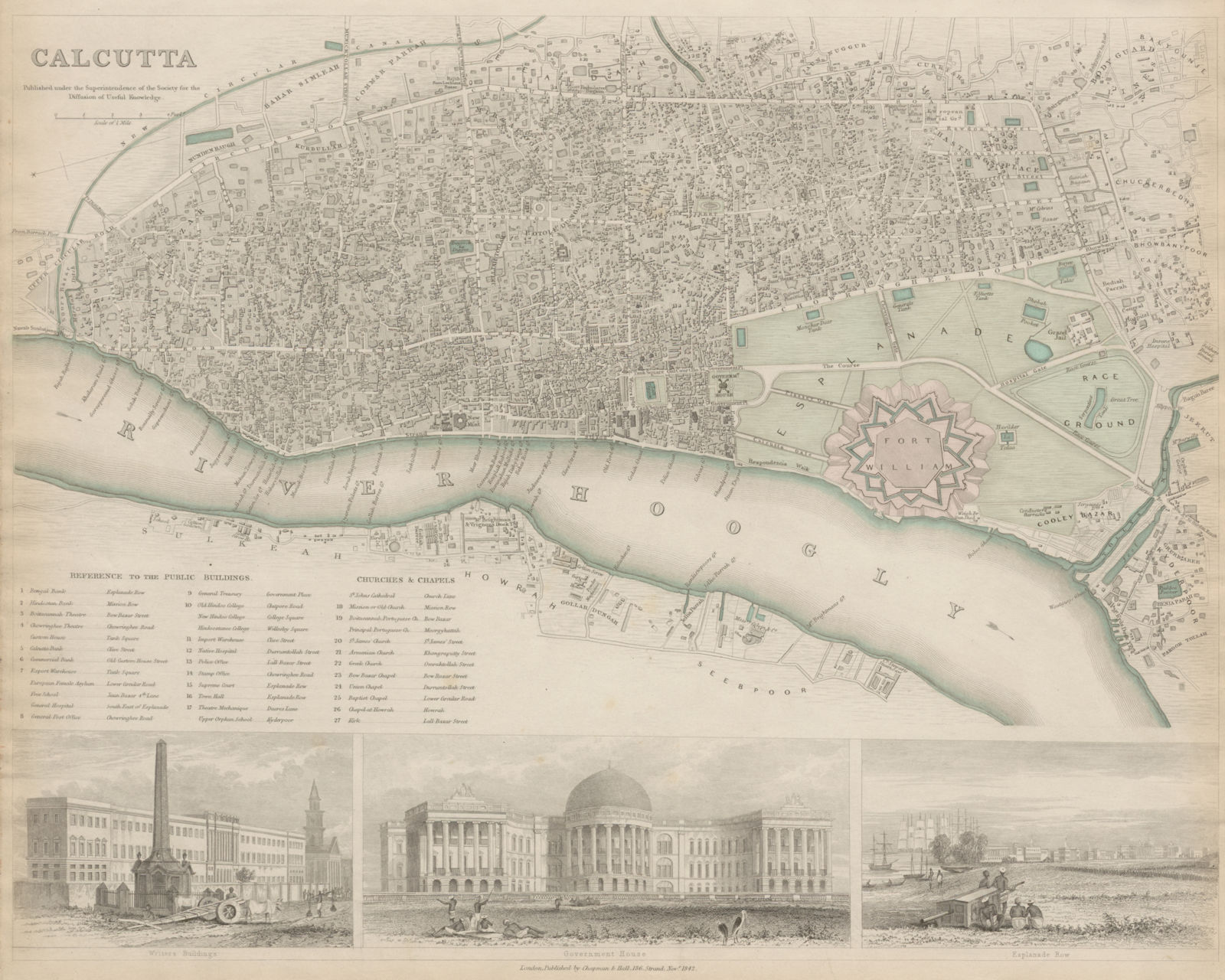 CALCUTTA KOLKATA antique town city map plan.Govt House.Esplanade Row SDUK 1844