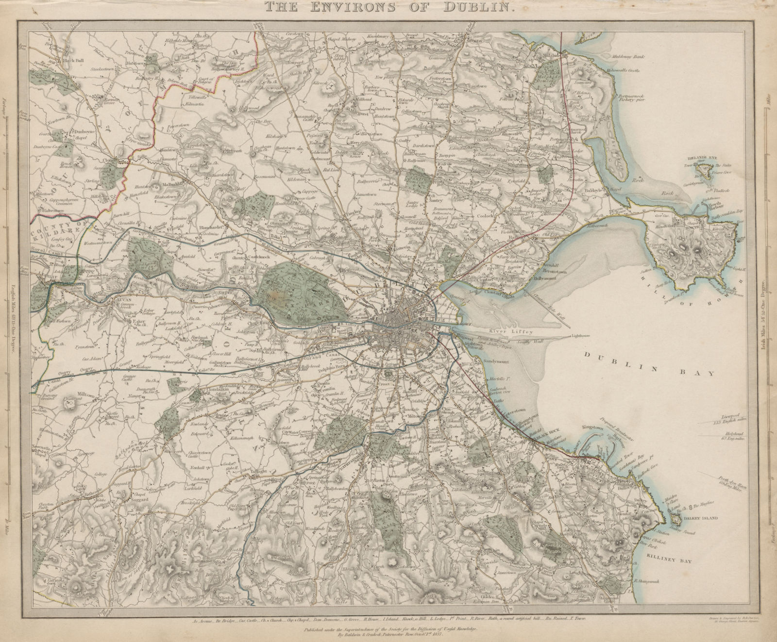 DUBLIN CITY, BAY & environs. Howth Lucan Dun Laoghaire Dalkey. SDUK 1844 map