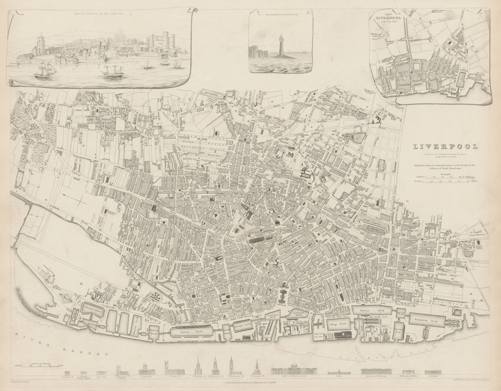 Associate Product LIVERPOOL antique town city map.Inset view & plan in 1729. Buildings SDUK 1844