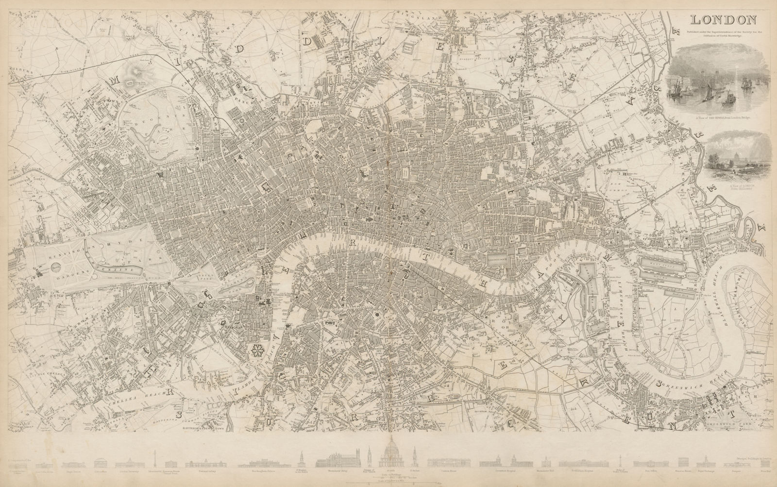 LONDON antique town city map plan. Building profiles. LARGE 65x40 cm. SDUK 1844