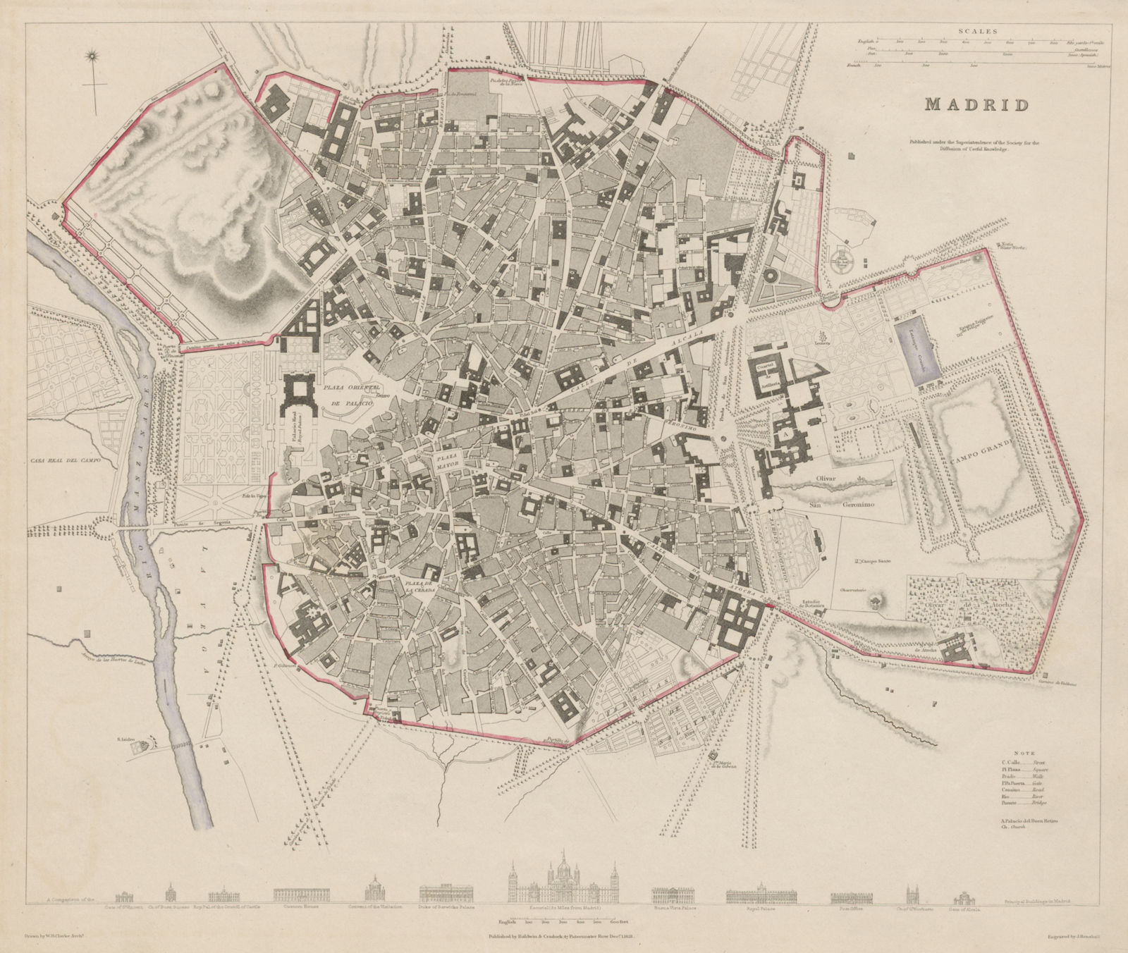 MADRID antique town city map plan. Original outline colour. Spain. SDUK 1844