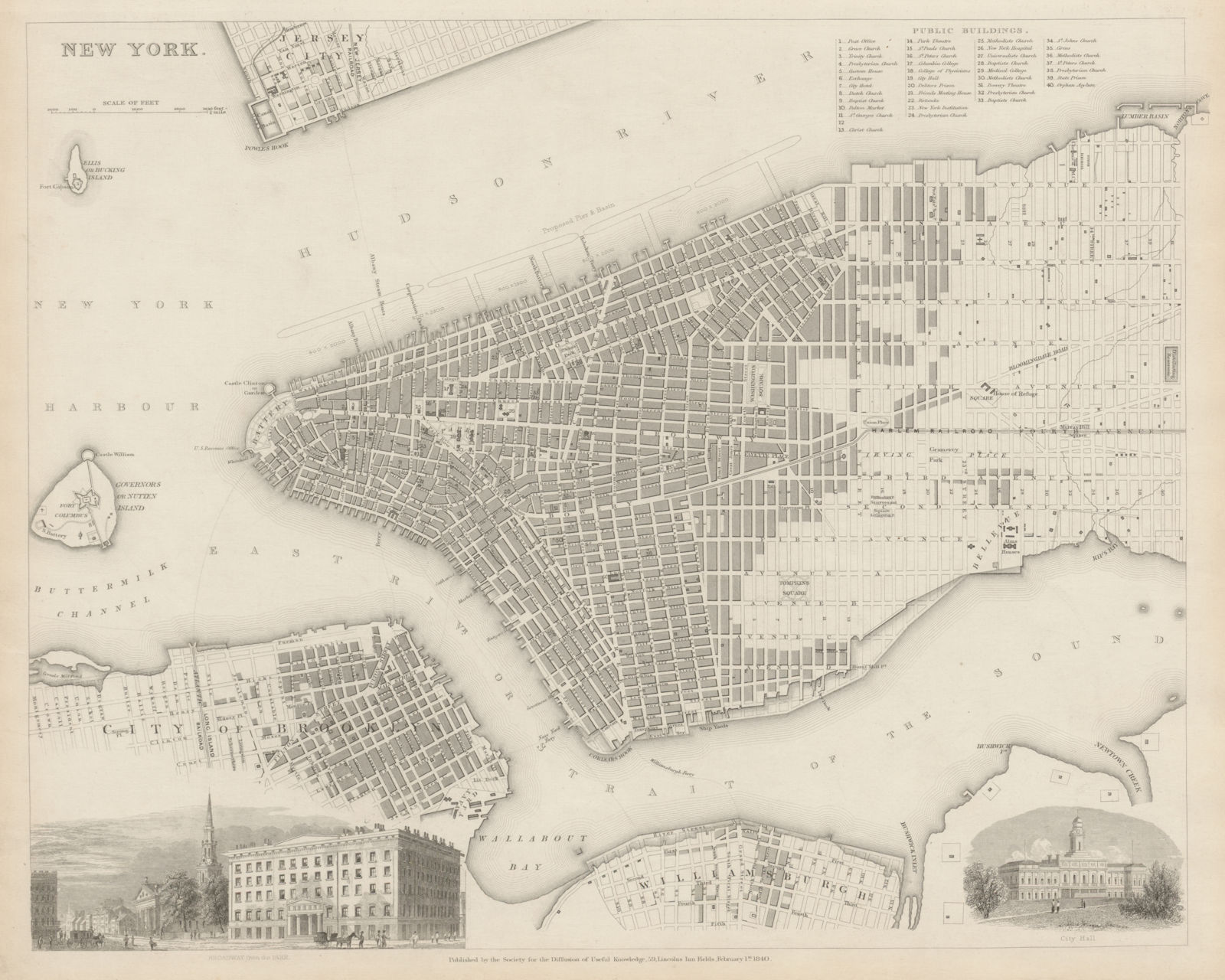 NEW YORK CITY antique town city map plan. Manhattan Brooklyn Jersey. SDUK 1844
