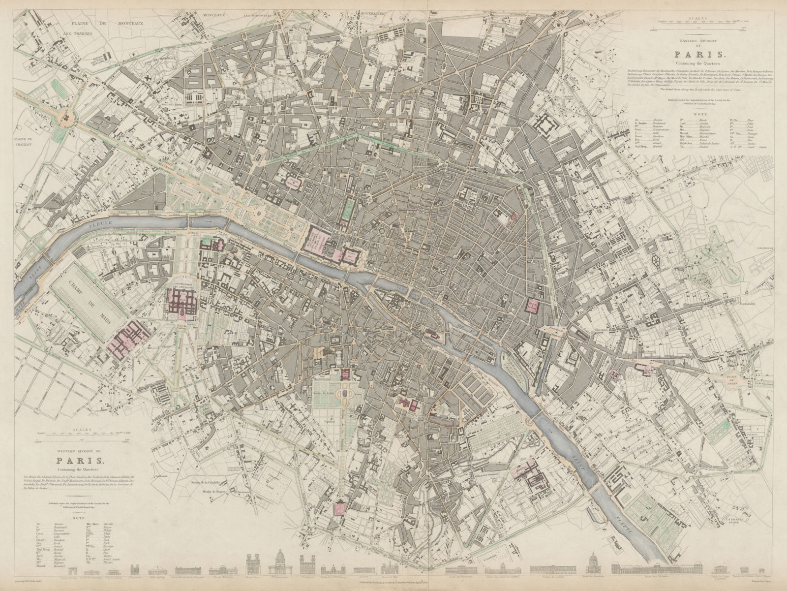 PARIS antique town city map plan. Building profiles. LARGE 55x40cm SDUK 1844