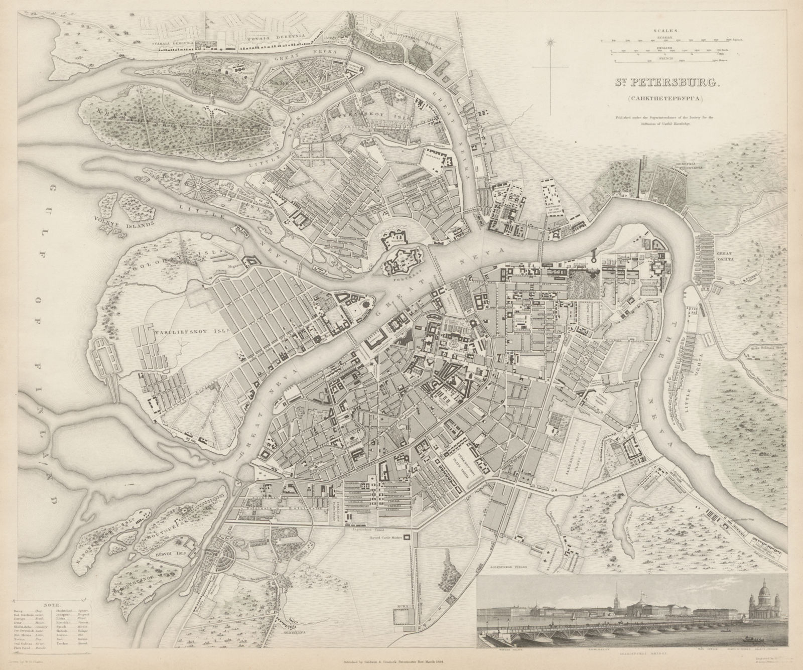 ST PETERSBURG Санкт-Петербург antique town city map plan. Panorama. SDUK 1844