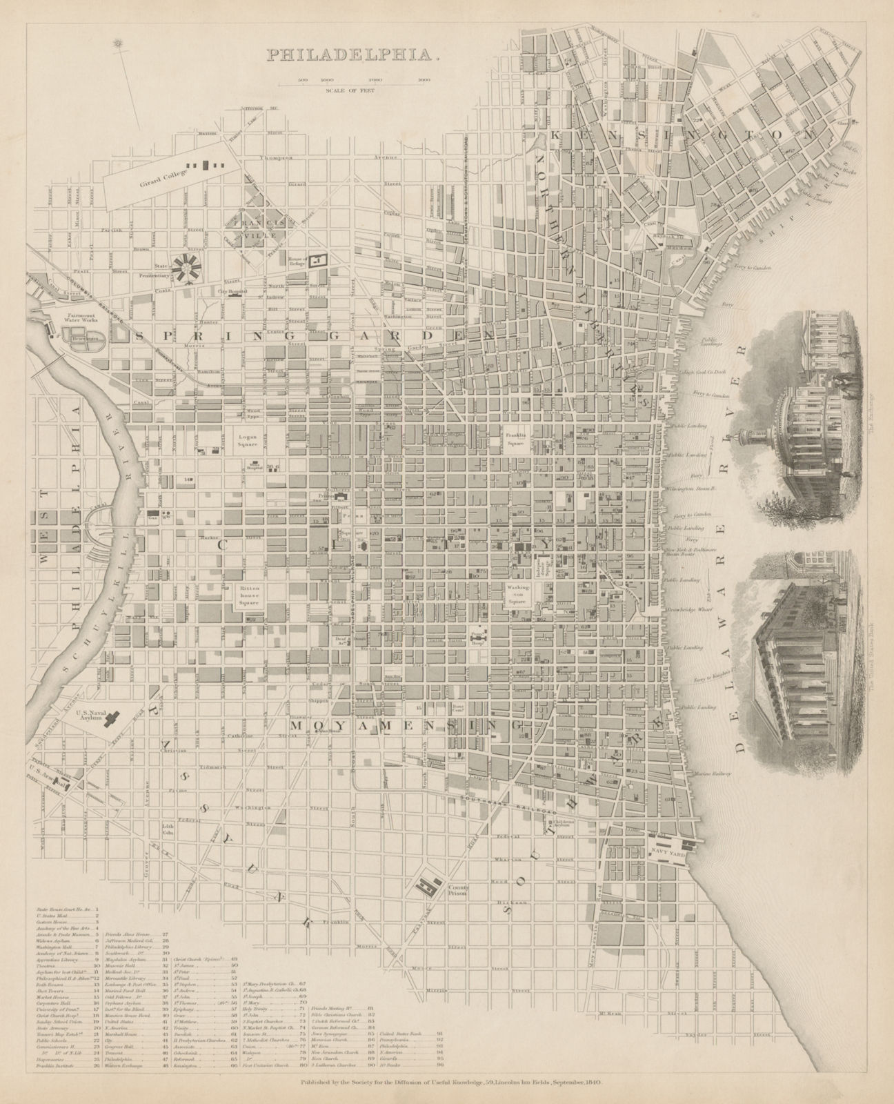 PHILADELPHIA antique town city map plan. Inset US Bank, Exchange. SDUK 1844