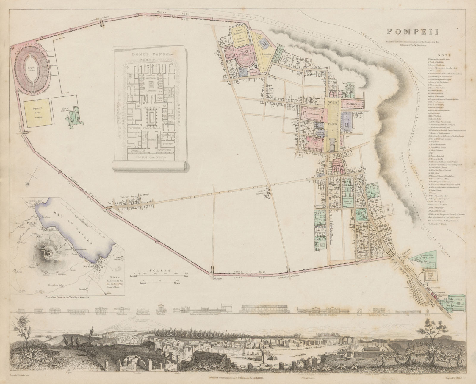 POMPEII antique town city map & panorama. Domus Pansae;Bay of Naples SDUK 1844
