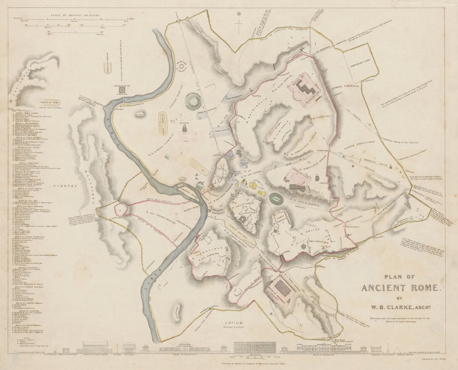 ANCIENT ROME ROMA antique town city map plan & building profiles. SDUK 1844