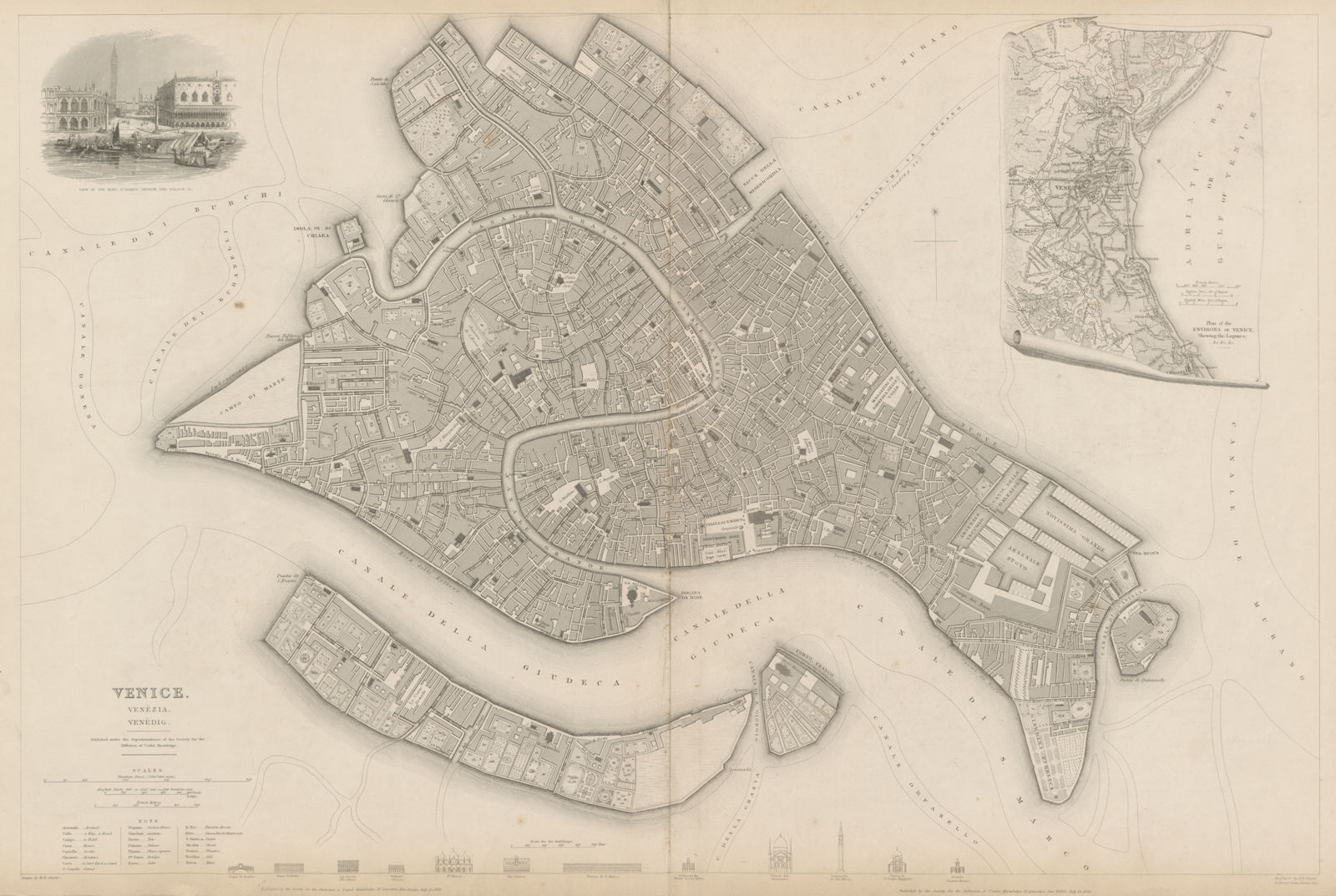 VENICE VENEZIA VENEDIG antique town city map plan. Environs. LARGE. SDUK 1844