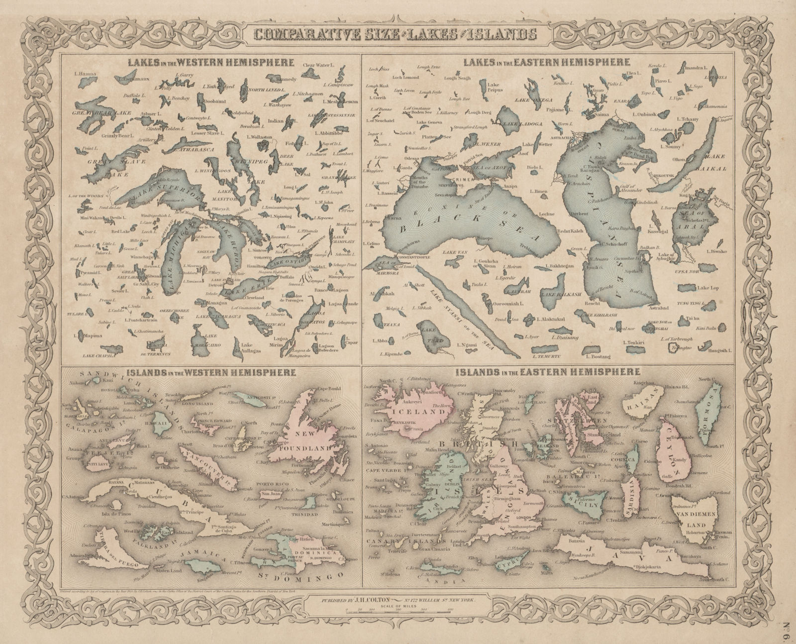 Comparative Size of World's largest Lakes & Islands. COLTON 1863 old map