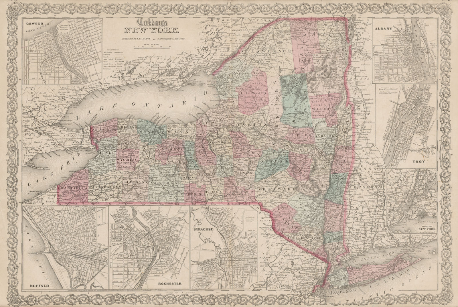 Associate Product "Colton's New York" state Oswego Buffalo Rochester Syracuse Troy Albany 1863 map