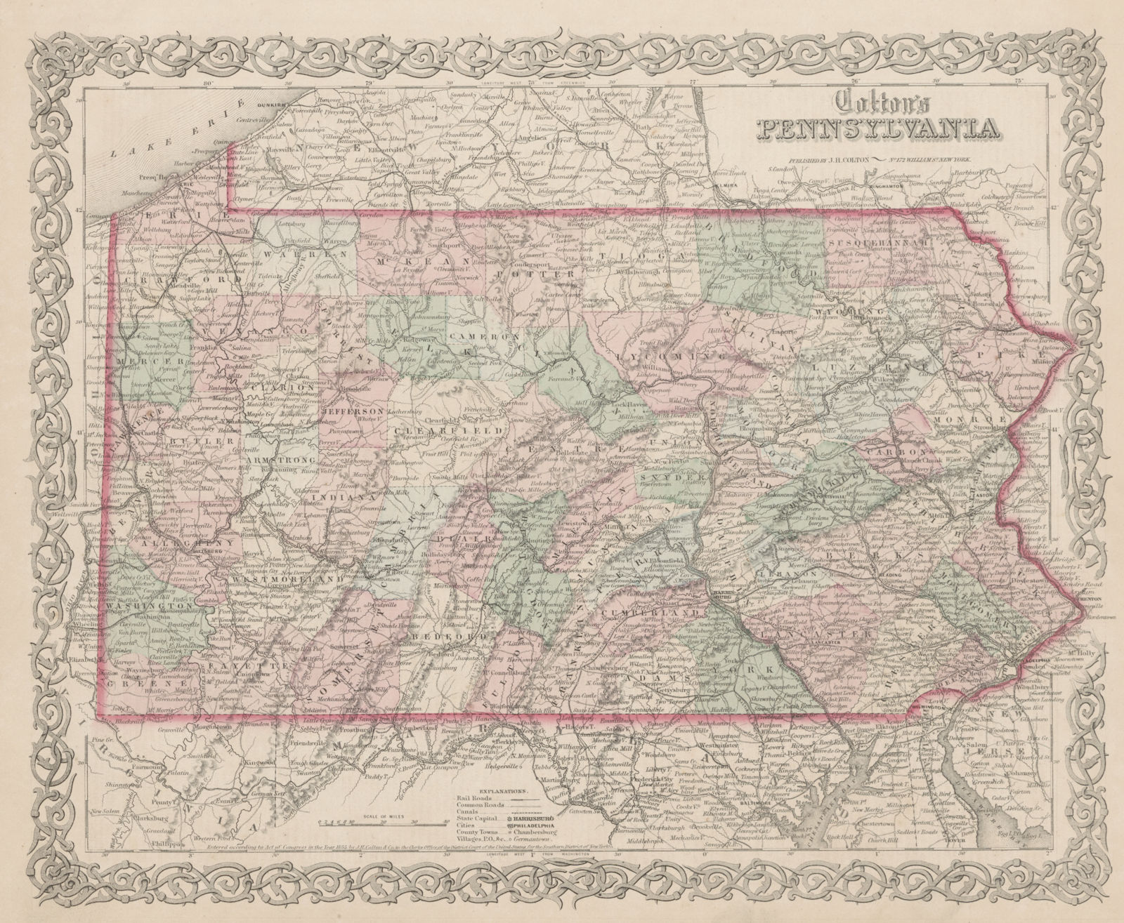 Associate Product "Colton's Pennsylvania". Decorative antique US state map 1863 old