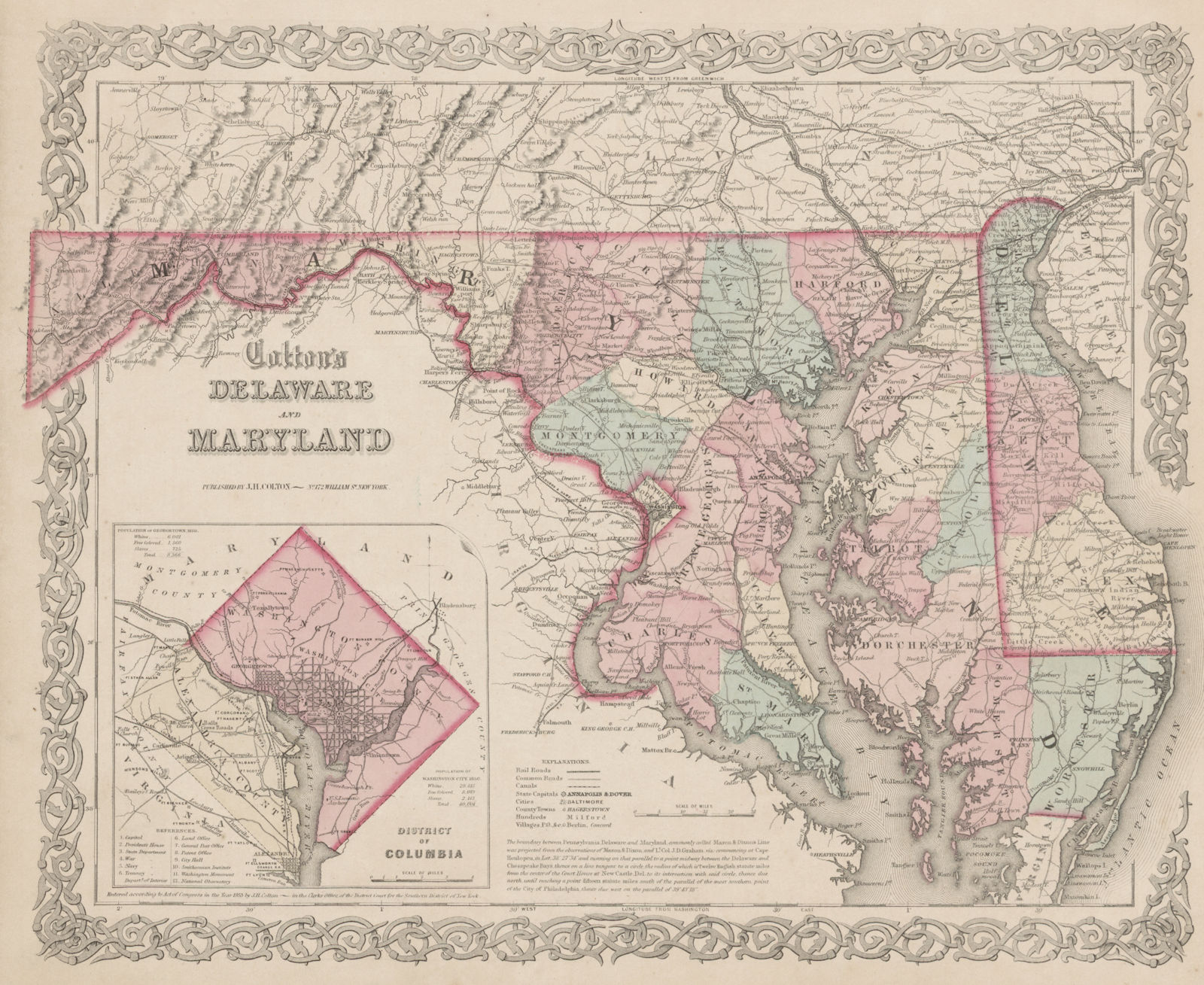 Associate Product "Colton's Delaware and Maryland". District of Columbia. US state map 1863