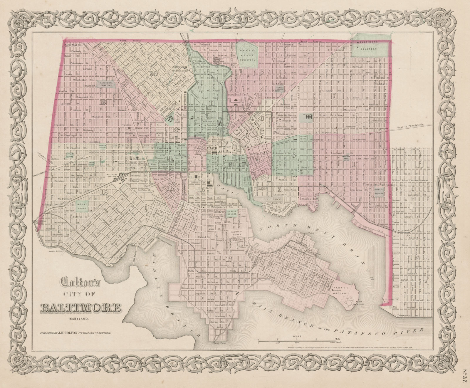 "Colton's City of Baltimore, Maryland". Decorative antique city plan 1863 map