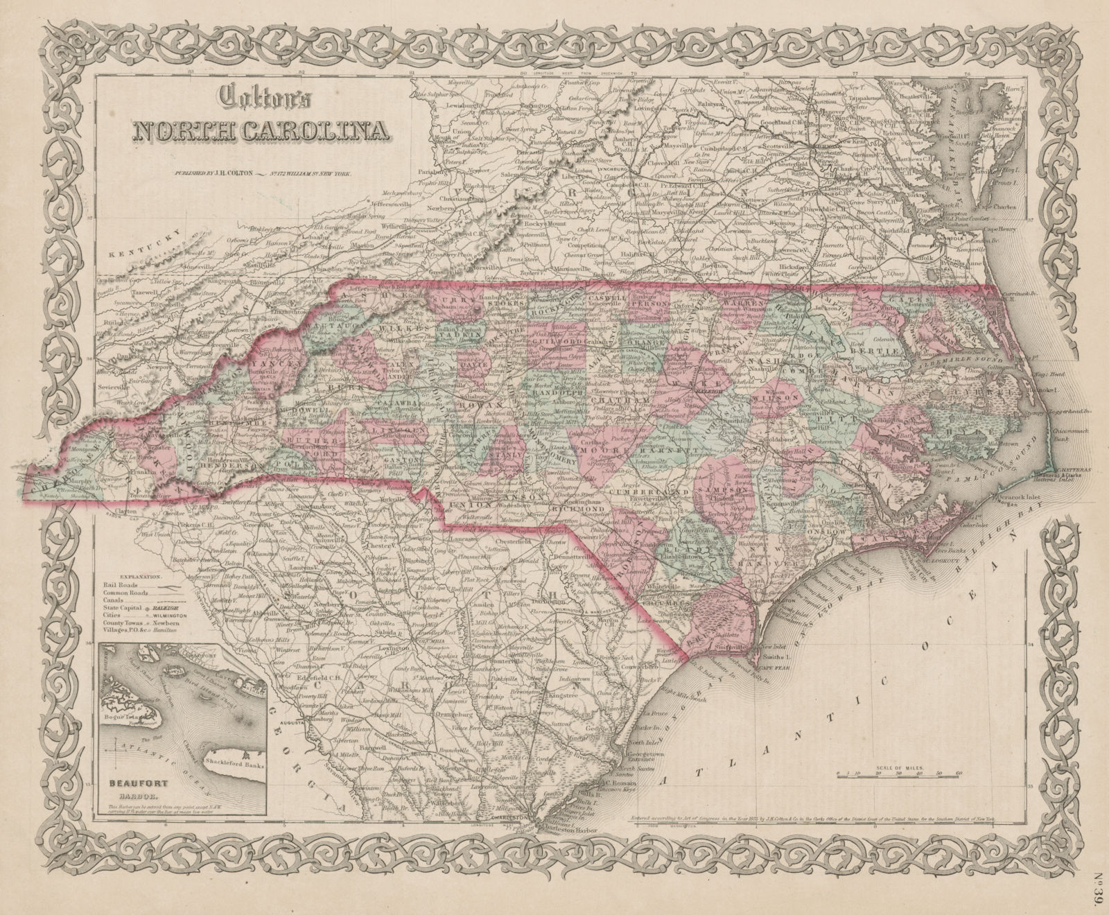 "Colton's North Carolina". Decorative antique US state map 1863 old