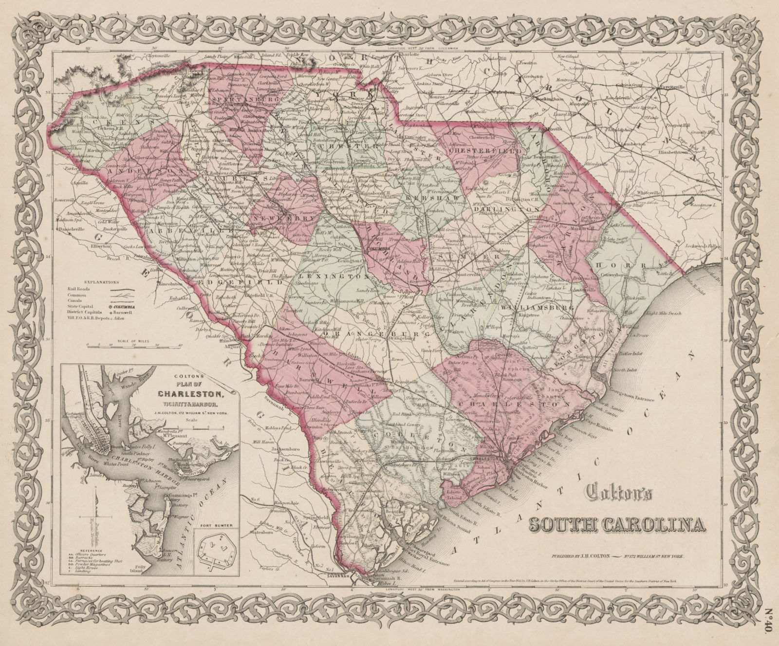 "Colton's South Carolina". Decorative antique US state map 1863 old