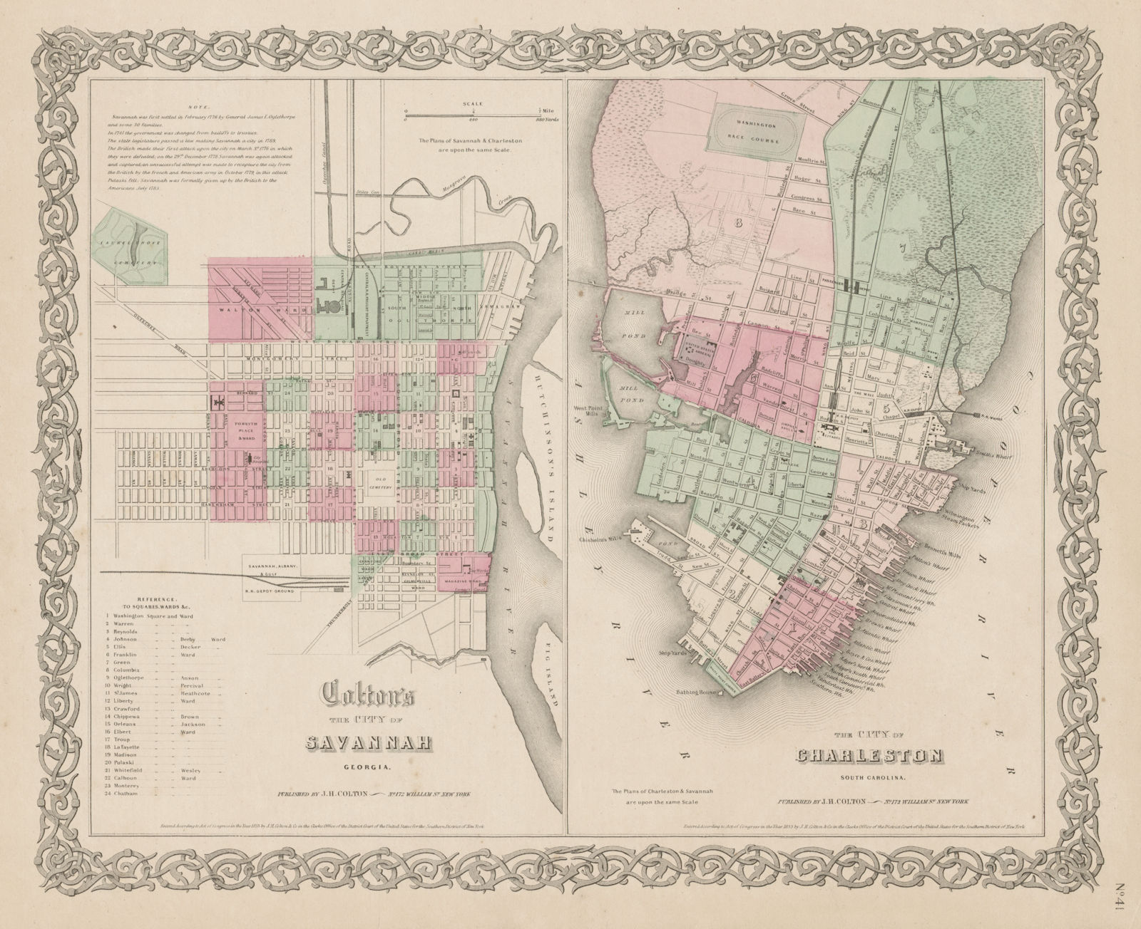 Savannah, Georgia & Charleston, South Carolina antique city plan COLTON 1863 map