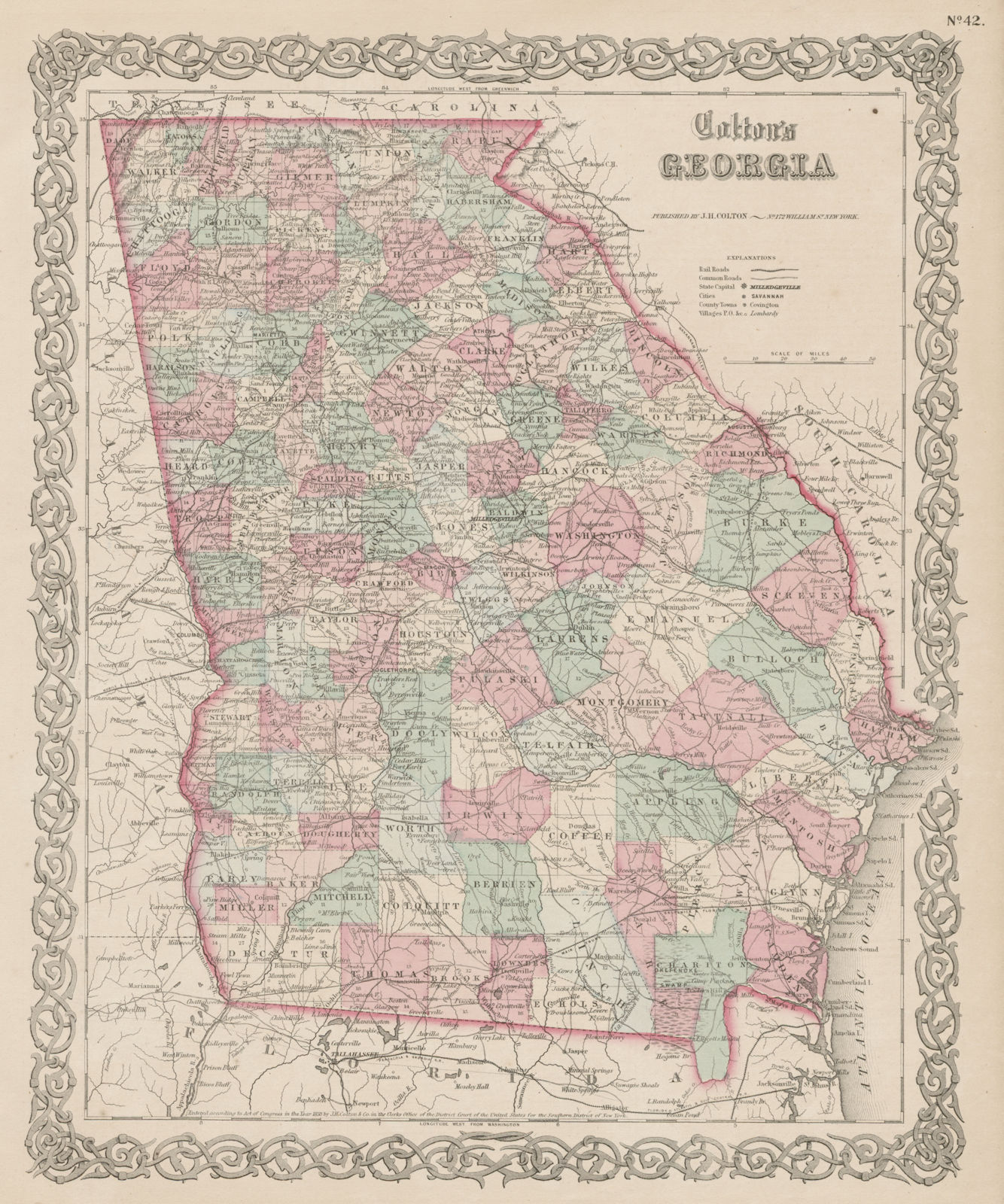 "Colton's Georgia". Decorative antique US state map 1863 old chart
