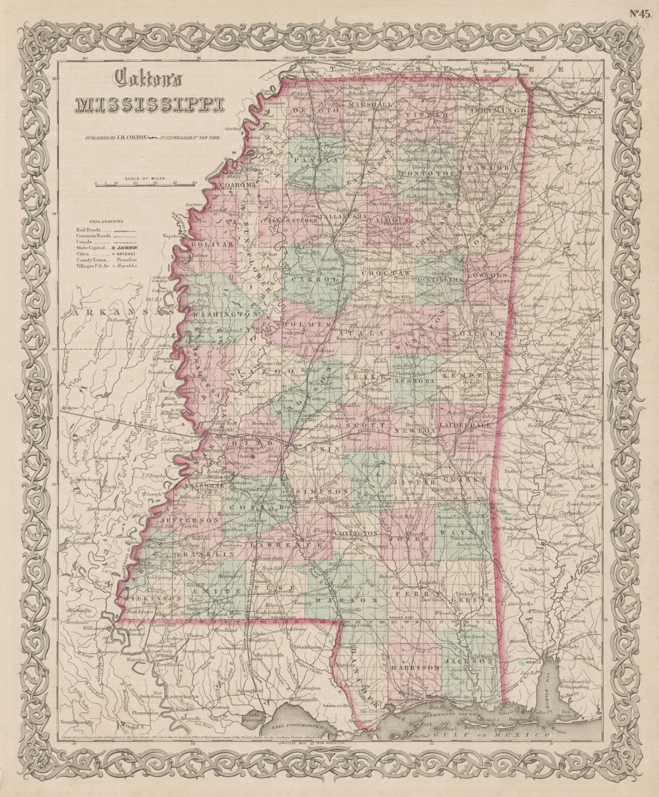 "Colton's Mississippi". Decorative antique US state map 1863 old