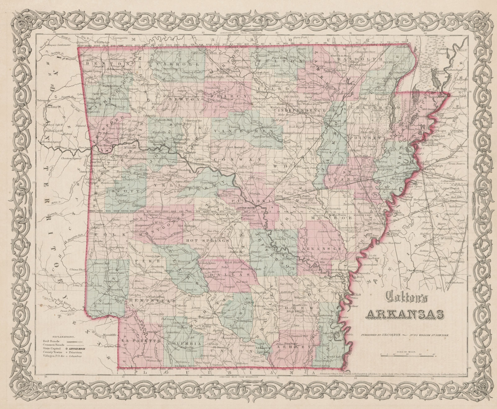 "Colton's Arkansas". Decorative antique US state map 1863 old