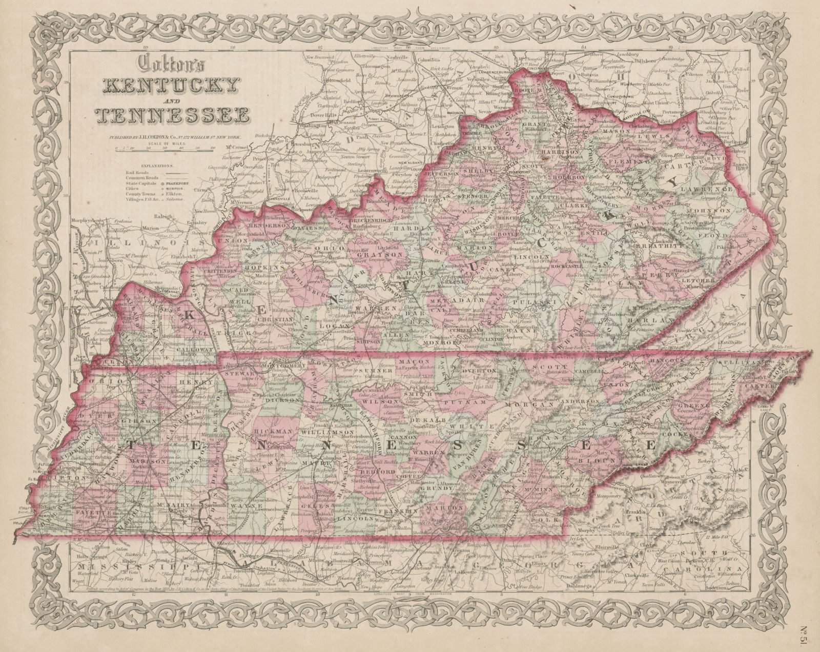 "Colton's Kentucky and Tennessee". Decorative antique US state map 1863