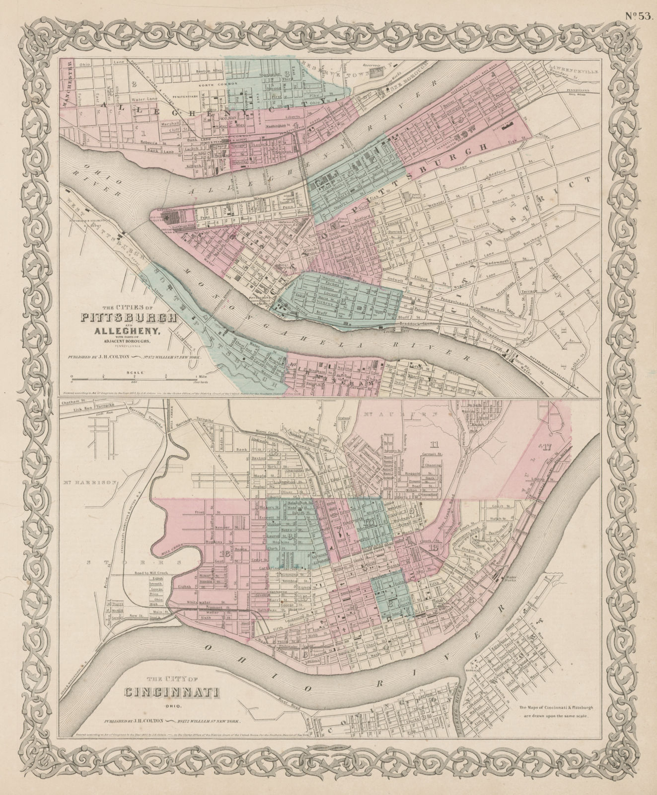 Pittsburgh/Allegheny, Pennsylvania. Cincinnati, Ohio city plans COLTON 1863 map