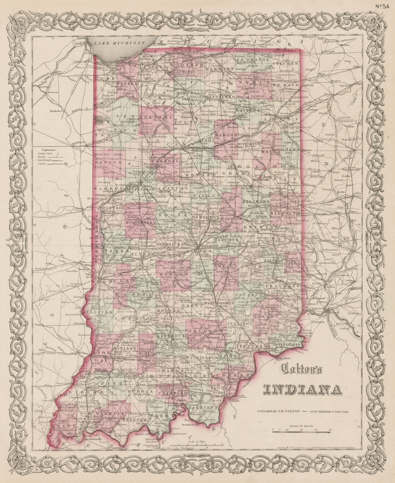 "Colton's Indiana". Decorative antique US state map 1863 old chart