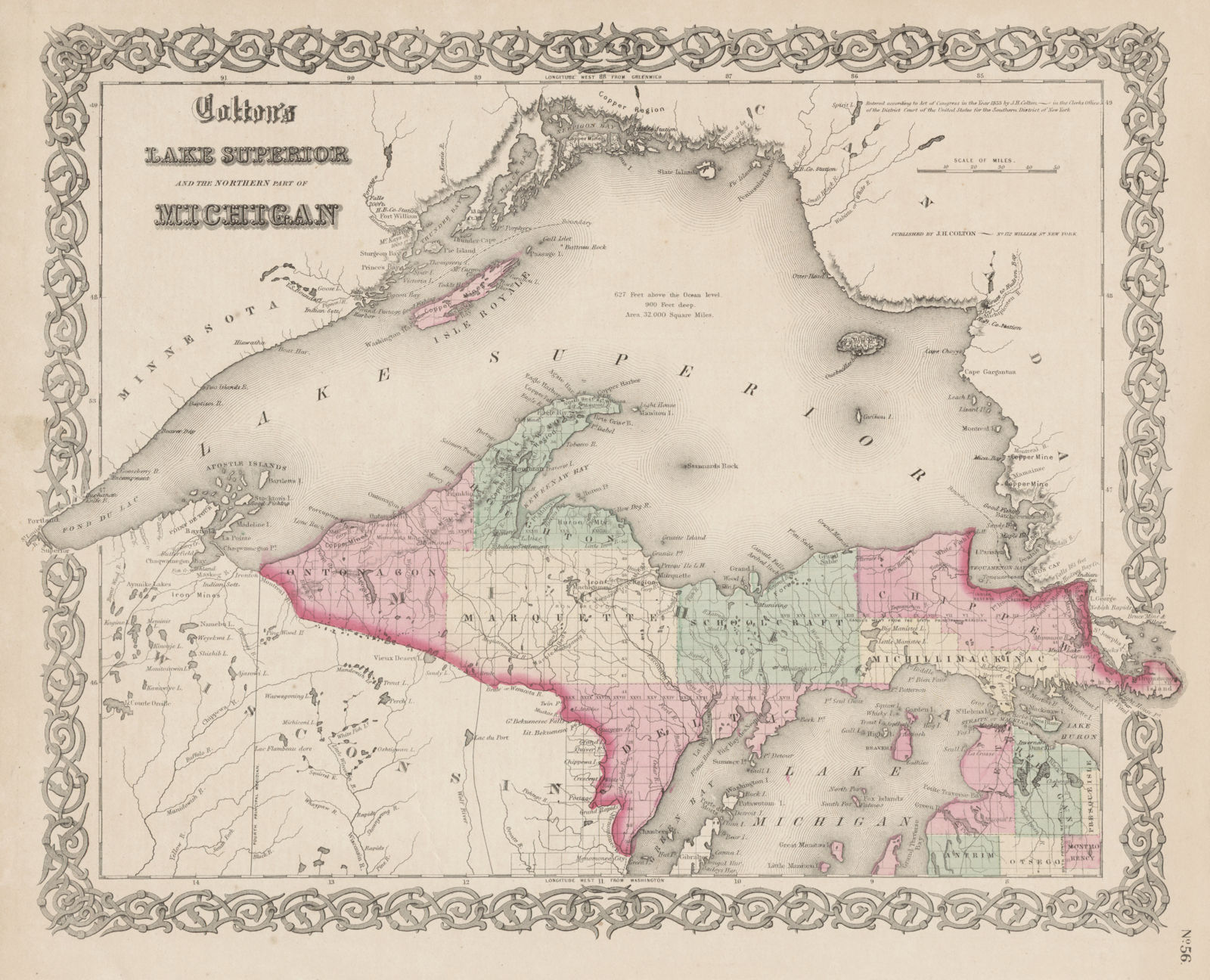 "Colton's Lake Superior and the northern part of Michigan". US state map 1863