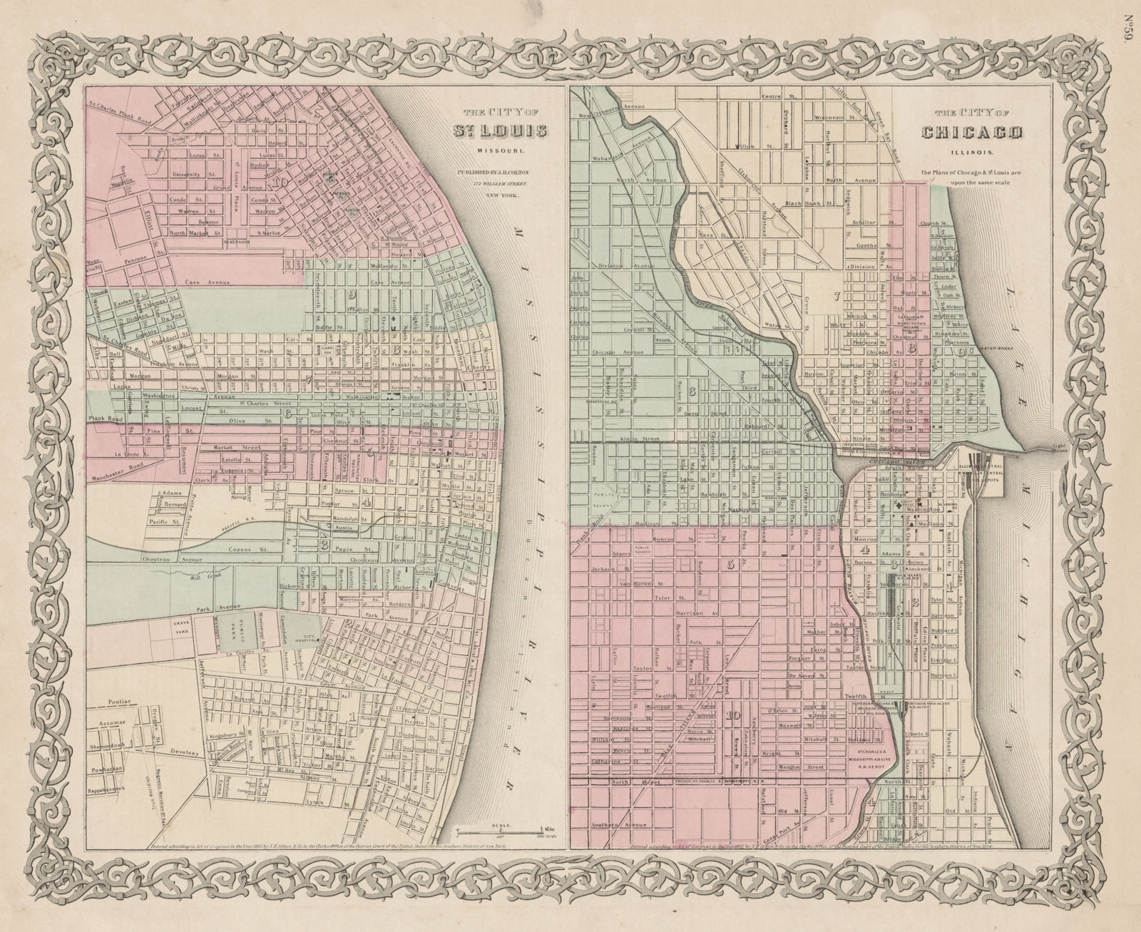 St Louis, Missouri & Chicago, Illinois antique city plans. COLTON 1863 old map