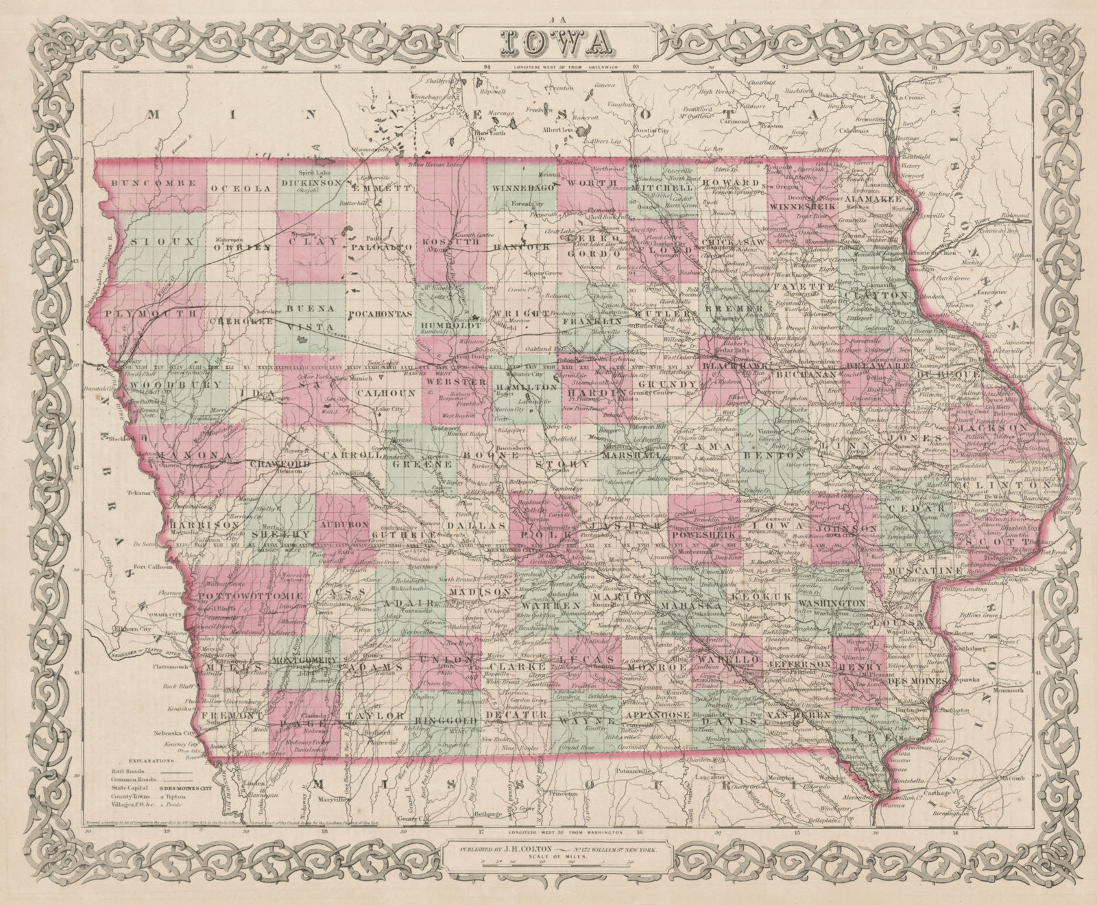 Iowa decorative antique US state map. COLTON 1863 old plan chart