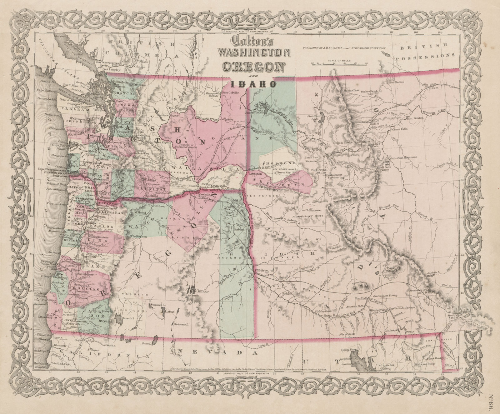 "Colton's Washington, Oregon and Idaho". Pre Montana & Wyoming 1863 old map