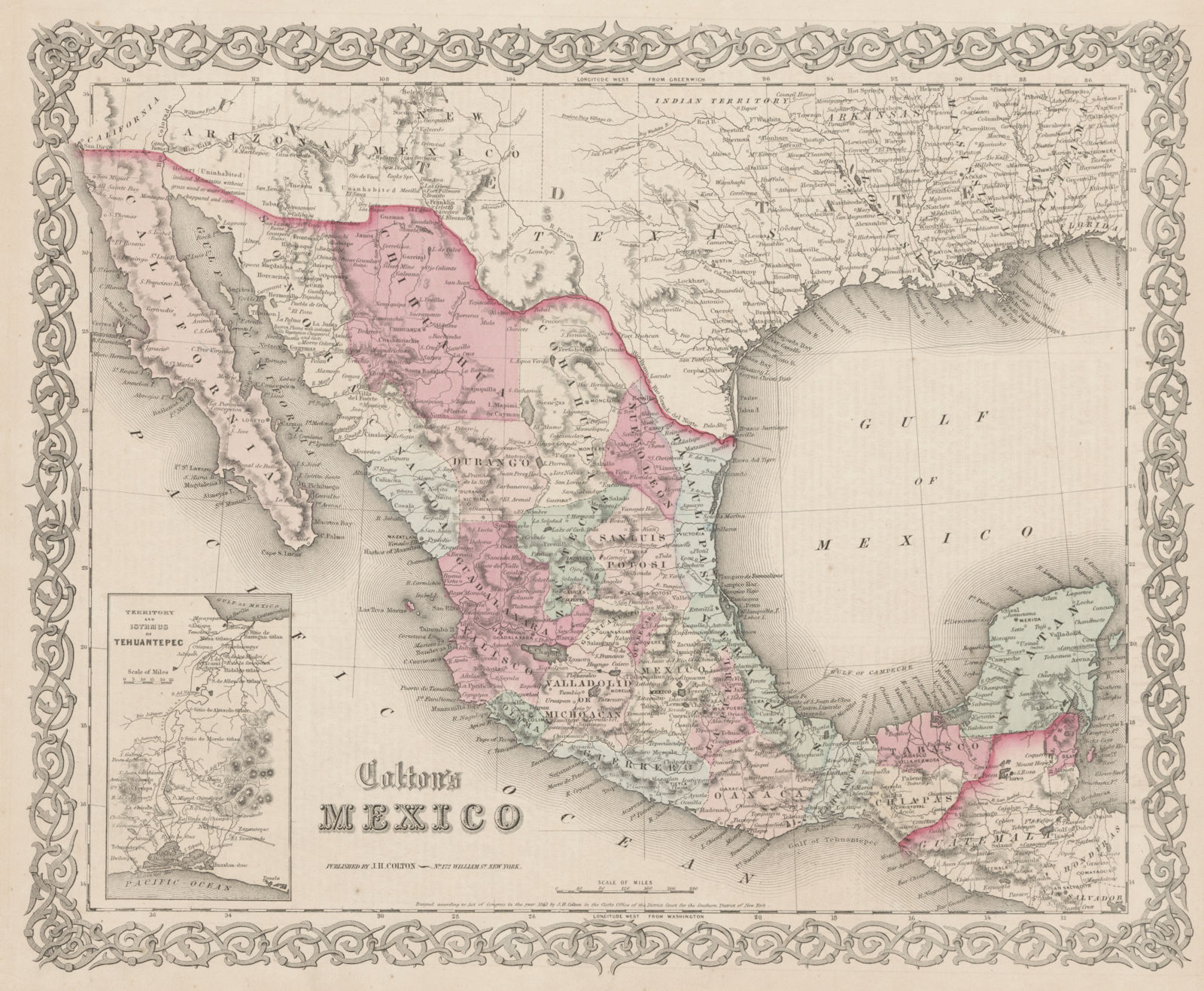 "Colton's Mexico". Decorative antique map 1863 old plan chart