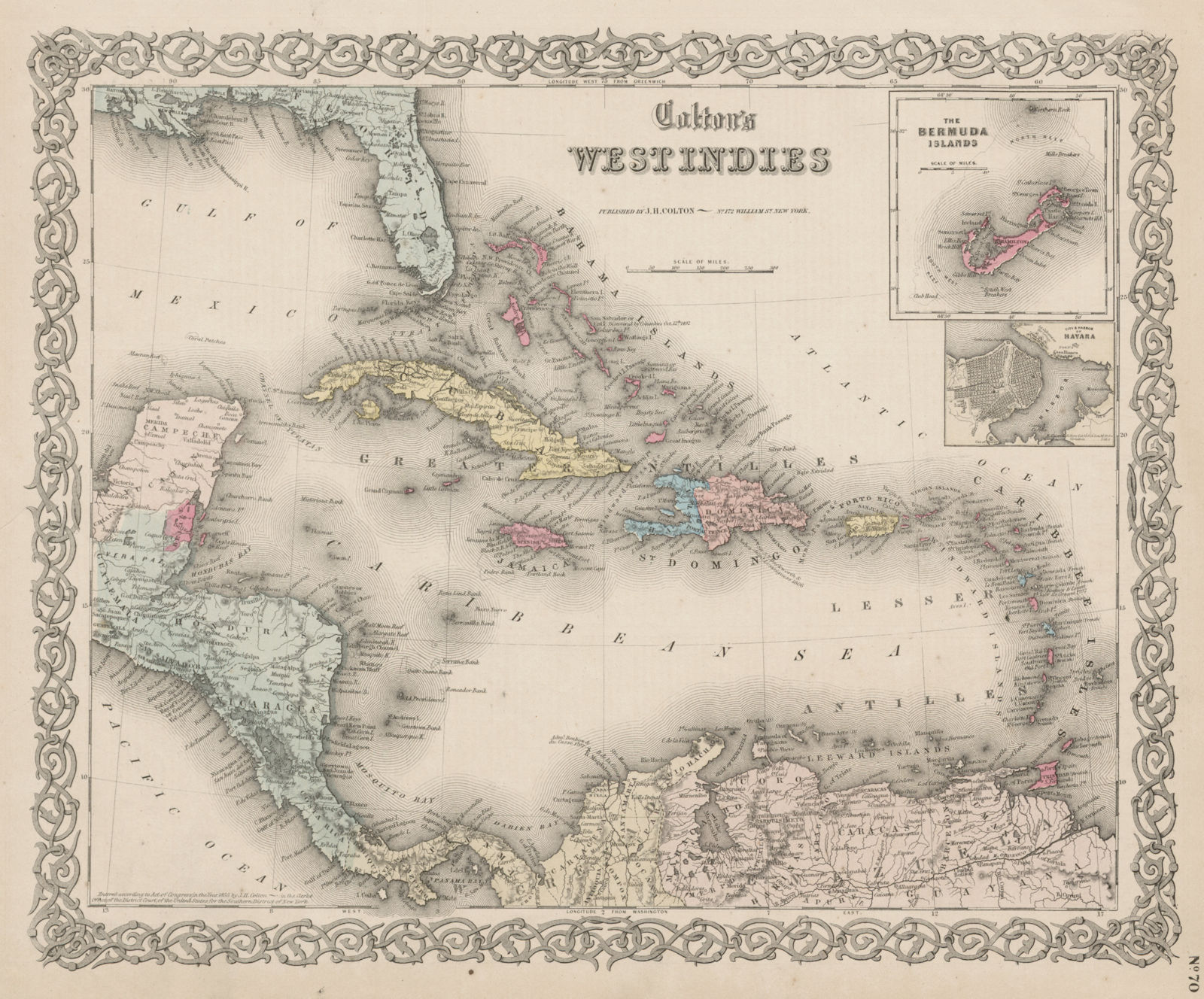 "Colton's West Indies". Bermuda & Havana inset. Caribbean Antilles 1863 map