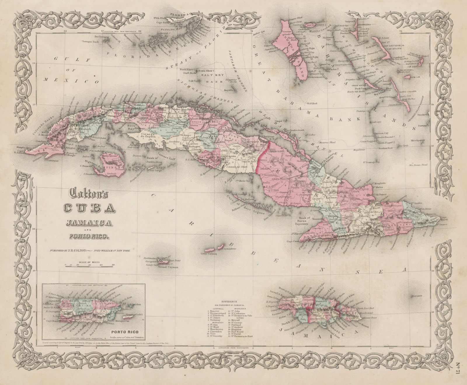 "Colton's Cuba, Jamaica and Porto Rico". Puerto Rico. Bahamas 1863 old map