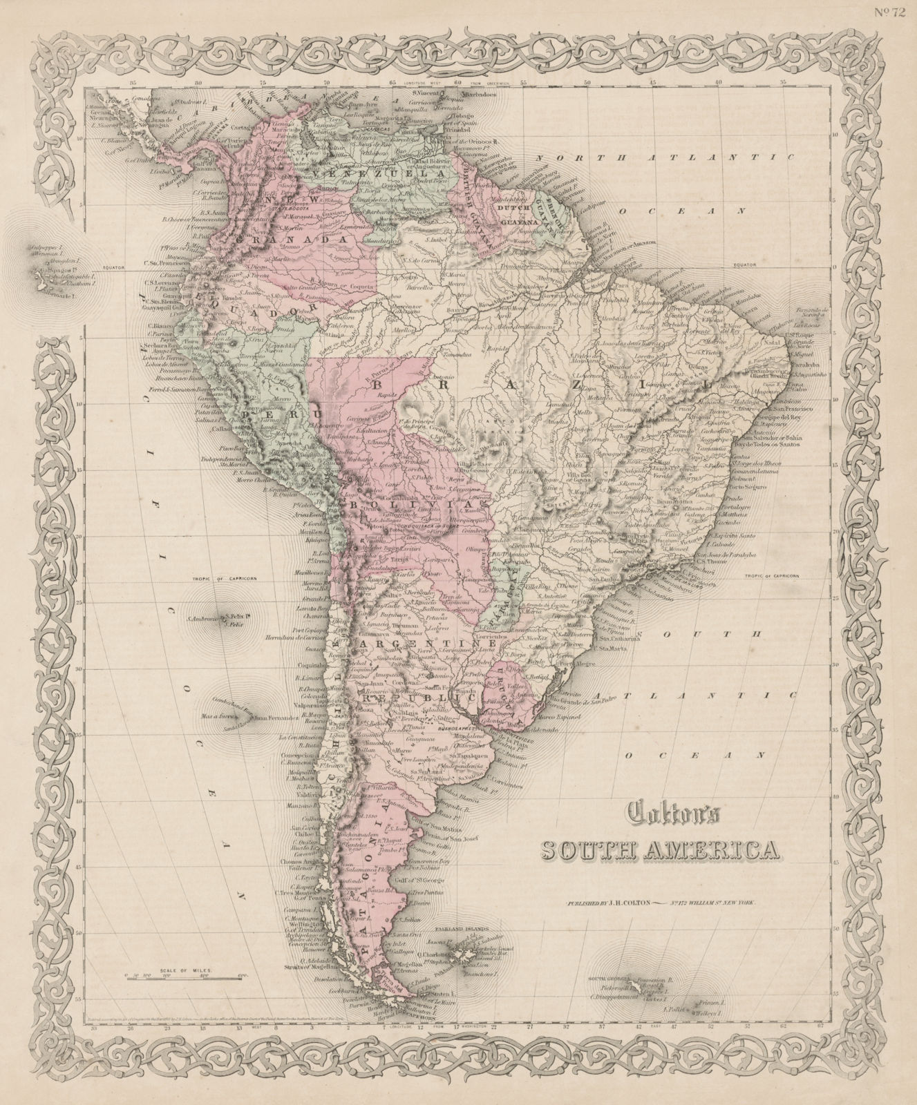 "Colton's South America". Bolivian Litoral. Decorative antique map 1863