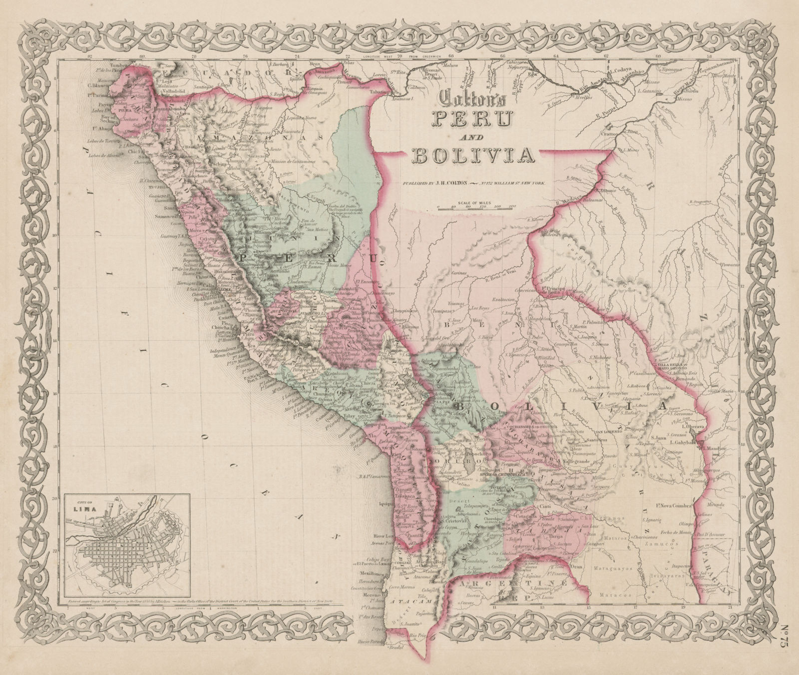 "Colton's Peru and Bolivia" w/ Litoral coast pre 1879 War. Lima plan 1863 map
