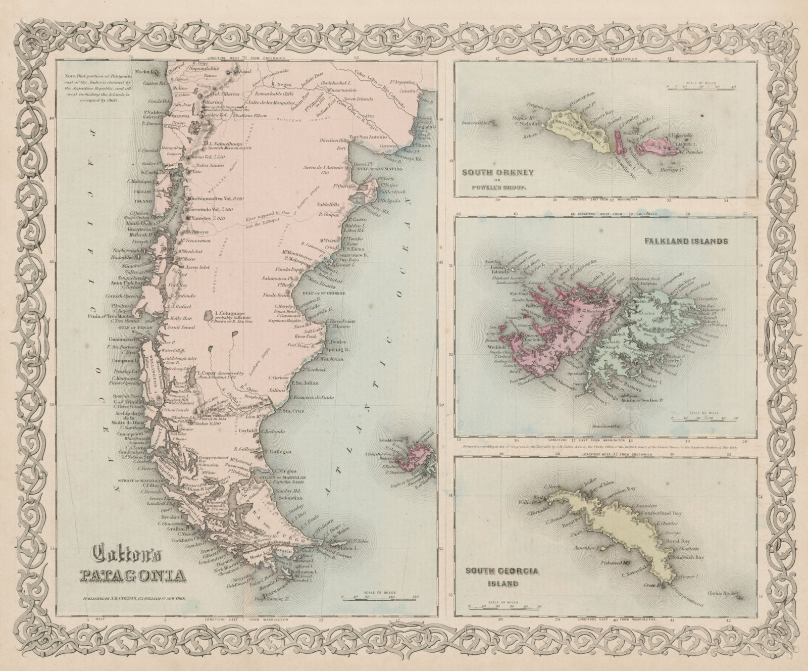 Colton's Patagonia, South Orkney, Falkland Islands & South Georgia 1863 map