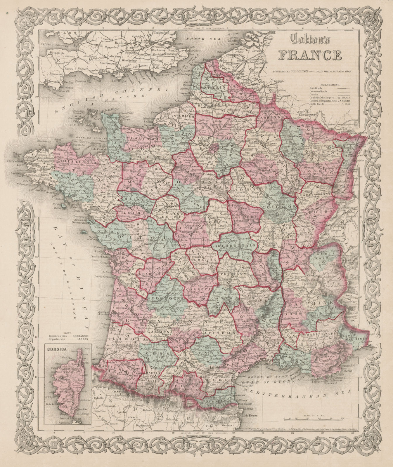 "Colton's France" in departments and provinces. Decorative antique map 1863