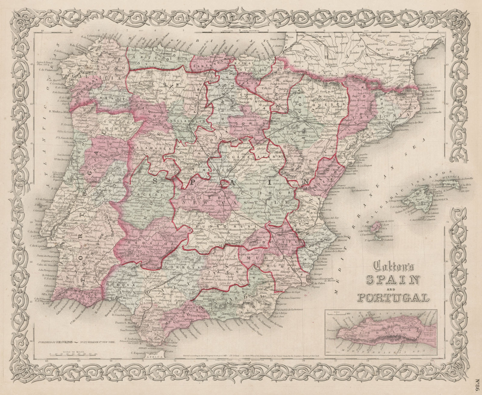"Colton's Spain and Portugal" in regions & provinces. Iberia 1863 old map