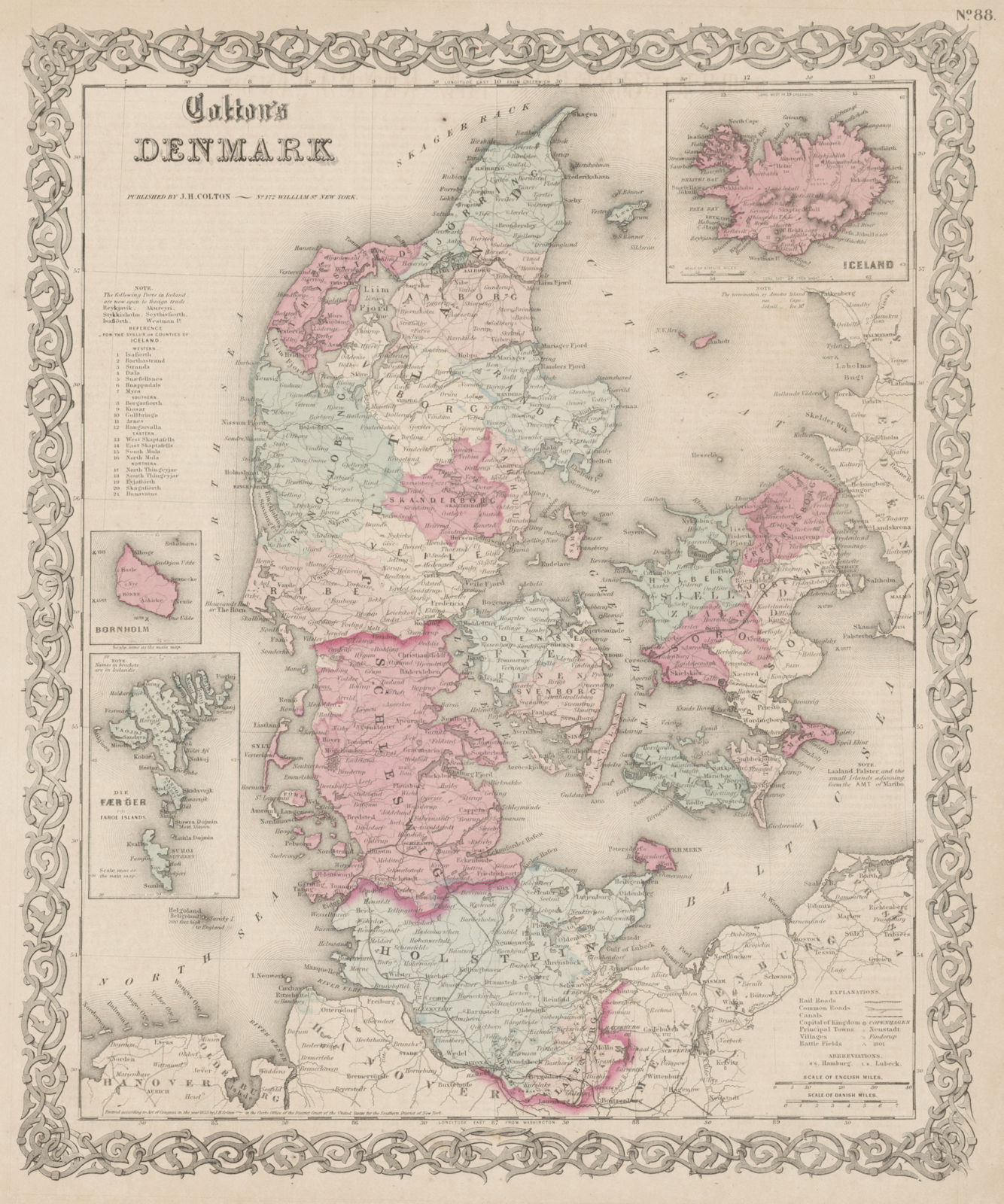 "Colton's Denmark". Iceland Faroe Islands Bornholm. Schleswig-Holstein 1863 map