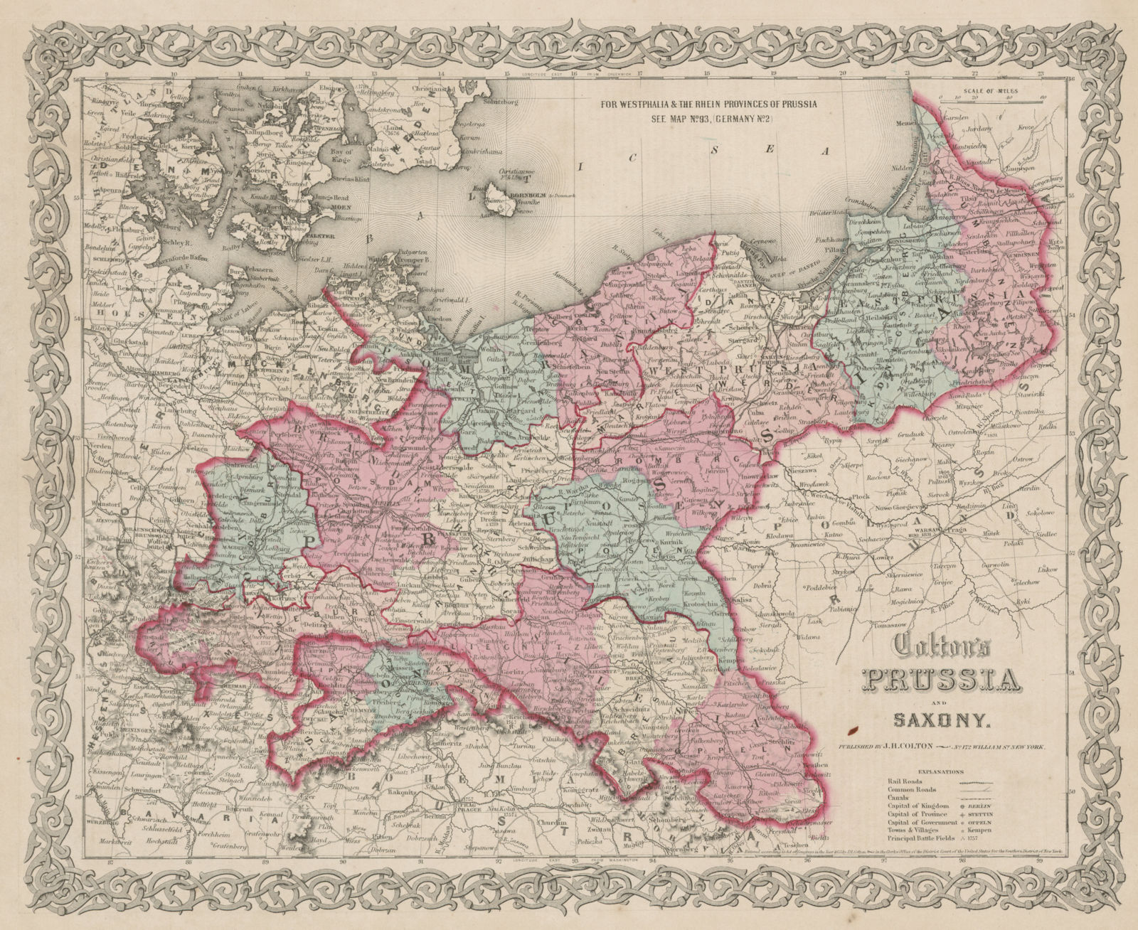 "Colton's Prussia and Saxony". Eastern Germany & Northwest Poland 1863 old map