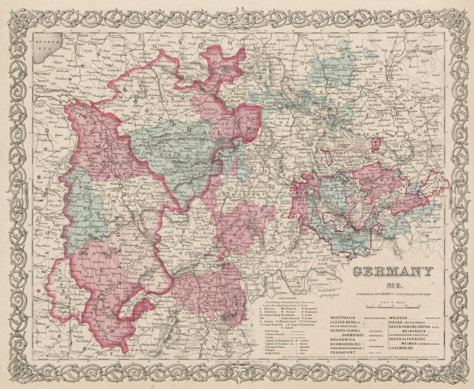 Central Germany #2 Nordrhein-Westfalen Rheinland-Pfalz Thuringen COLTON 1863 map