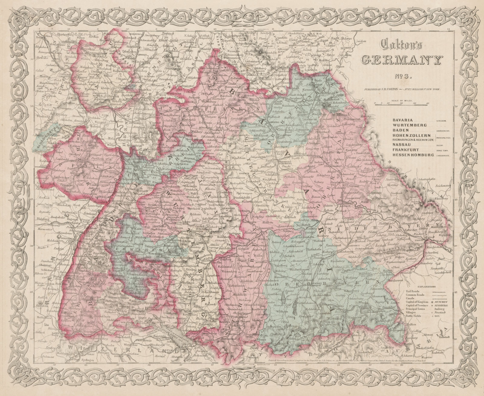 "Colton's Germany No 3". Southern. Bavaria & Baden-Wurttemberg 1863 old map