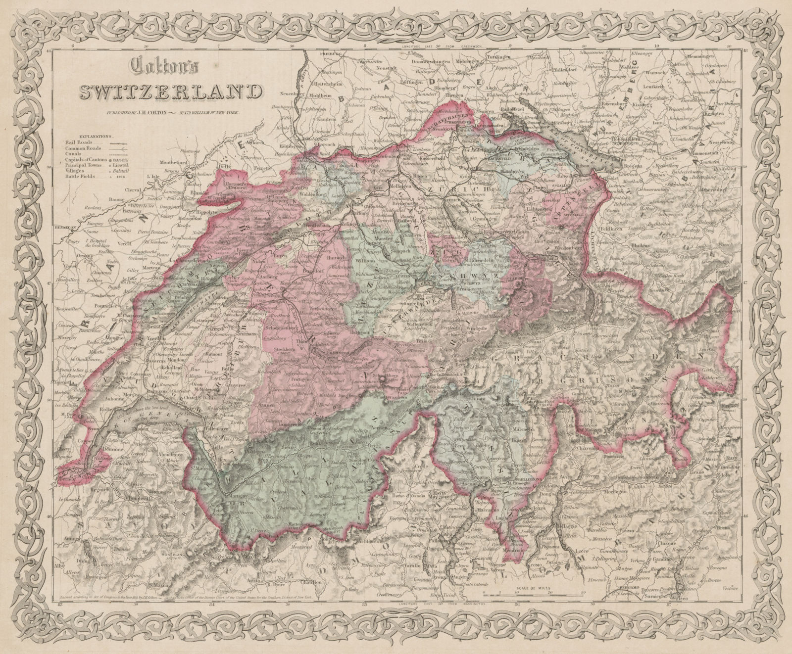 "Colton's Switzerland" in Cantons. Suisse Schweiz. Decorative antique map 1863