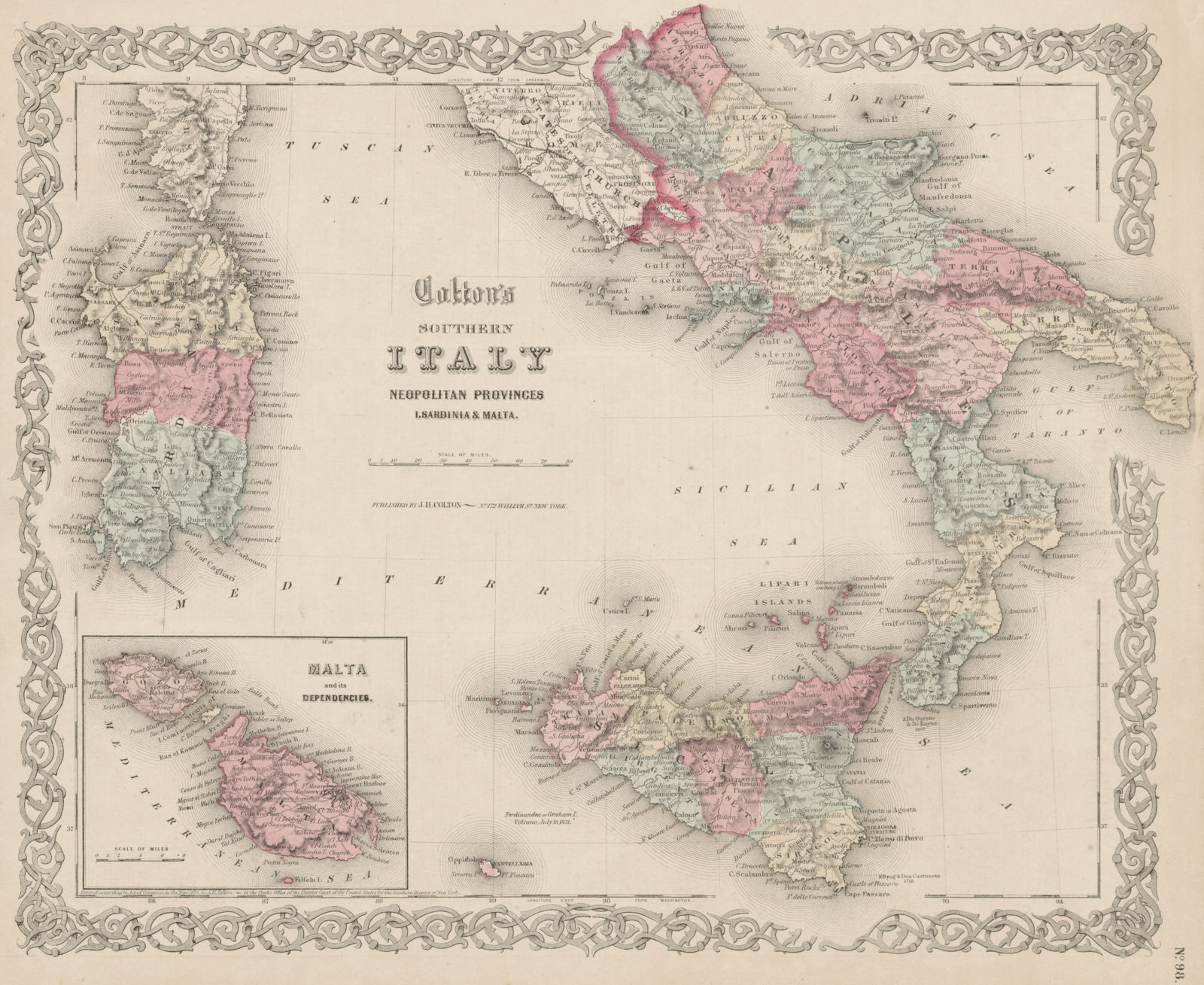 "Colton's Southern Italy". Malta Sardinia Sicily Naples Calabria Puglia 1863 map